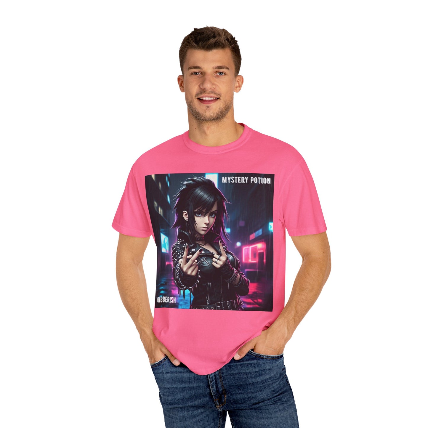 'Gibberish' by Mystery Potion, Cyberpunk Manga Graphic T-Shirt, Edgy Streetwear, Unisex Tee, Vintage Look, Gaming Style, Art Lover Gift