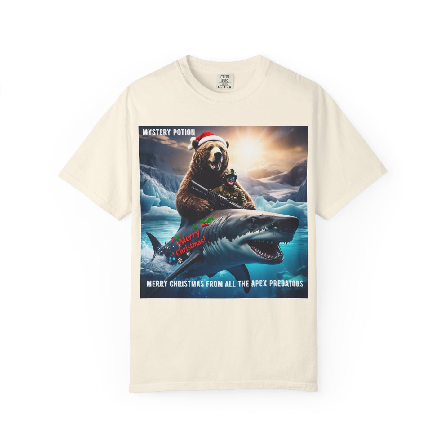 X-mas Humor T-Shirt "Merry Christmas from All the Apex Predators", Unisex Garment-Dyed Tee, Funny Holiday Shirt, Gift for Friends, Outdoor Adventure Wear, Novelty Apparel
