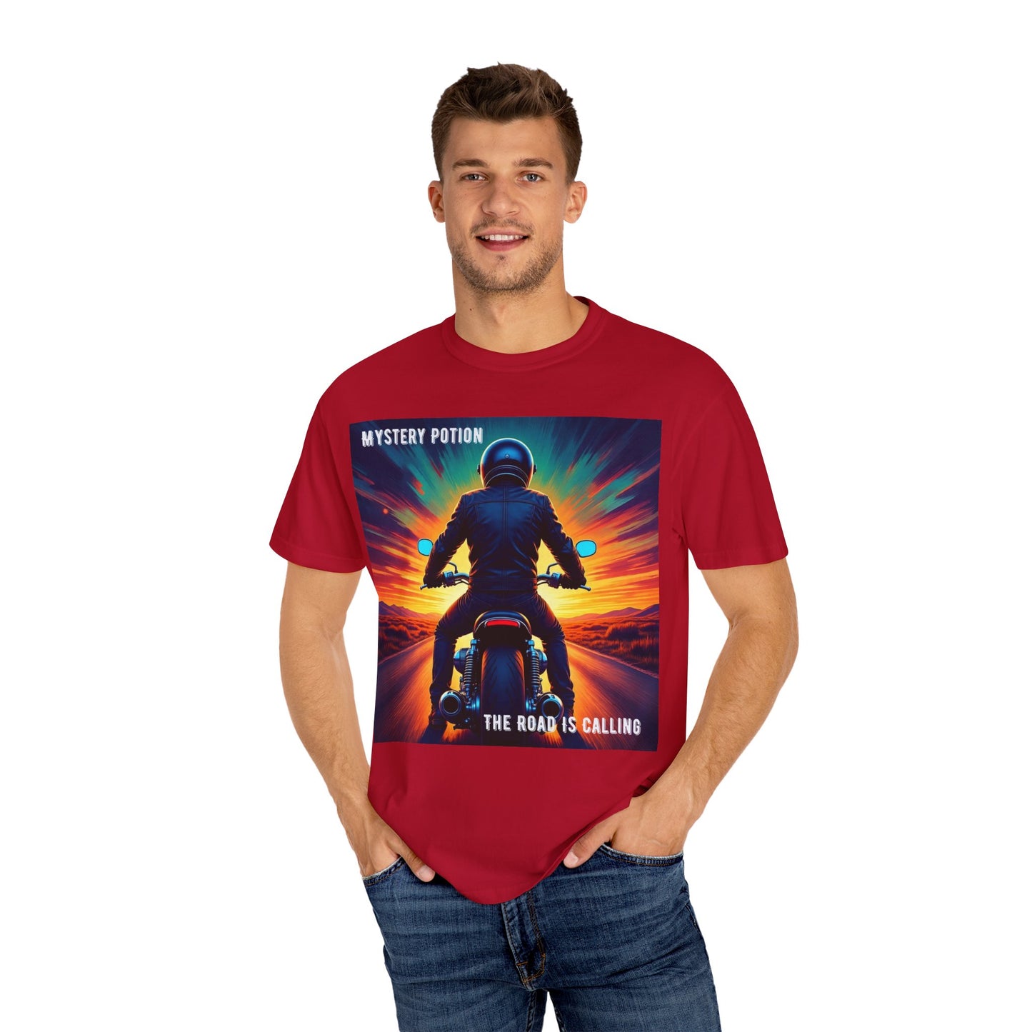 'The Road is Calling' by Mystery Potion Adventure T-Shirt, Motorcycle Gift, Road Trip Tee, Vintage Style Shirt, Unisex Graphic Tee, Outdoor Enthusiast Apparel