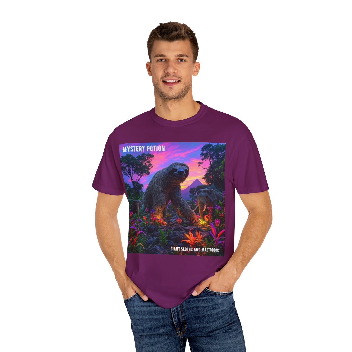 Mystery Potion's Giant Sloths and Mastodons Graphic T-Shirt | Unisex Garment-Dyed Tee for Nature Lovers, Unique Gift, Festival Wear, Prehistoric Design