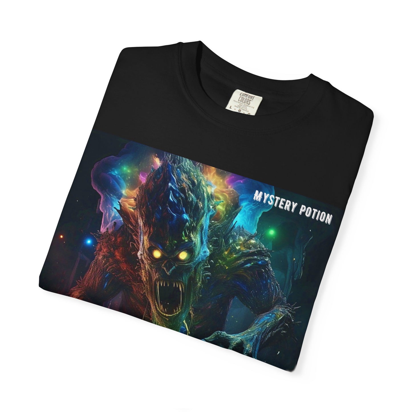 'Eating a Bicycle' by Mystery Potion, Unisex Garment-Dyed T-shirt, Monster Over City