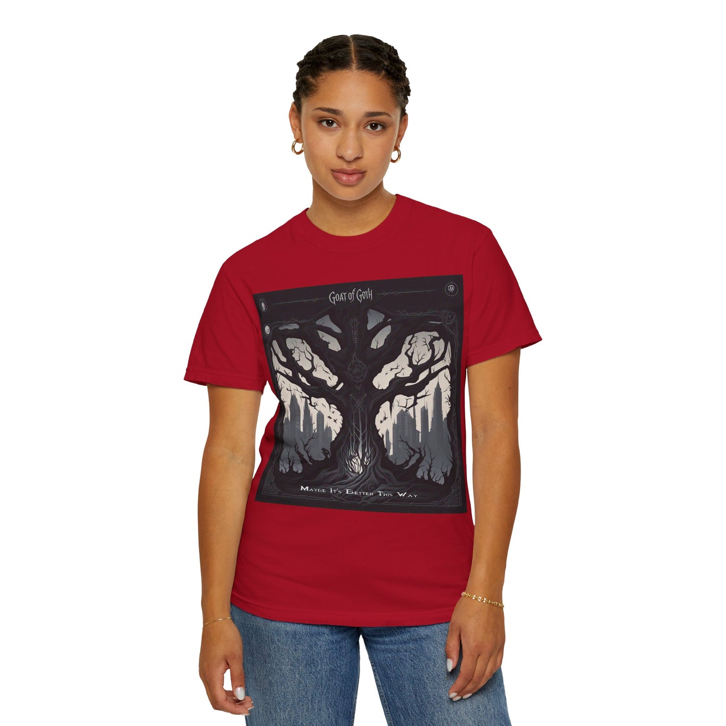 Gothic Tree T-Shirt, GOAT of Goth Unisex Cotton Tee for Nature Lovers, Unique Graphic Tee, Perfect for Festivals, Gift for Adventurers, Eco-Friendly Wear