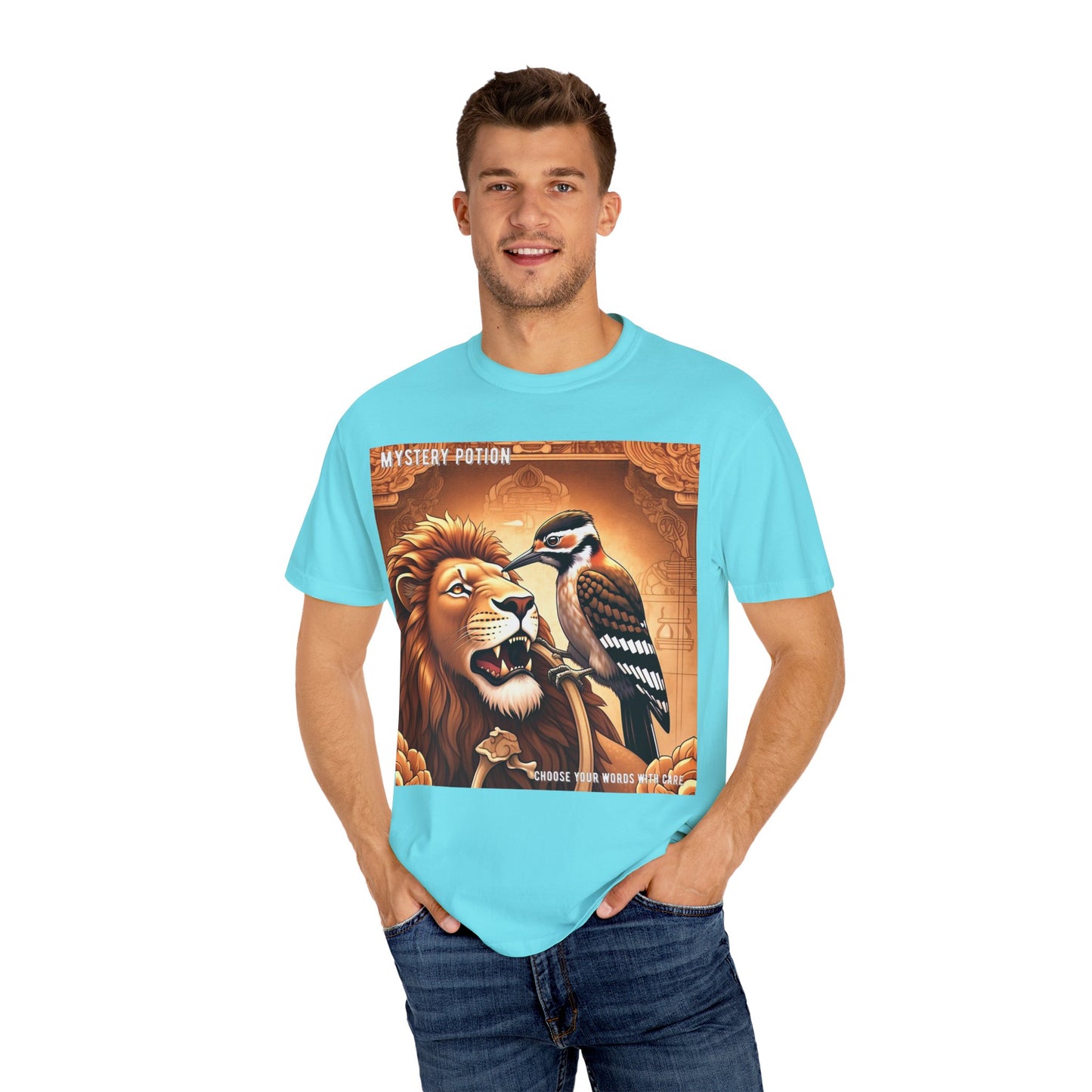 Mystical Lion & Bird T-Shirt | Unique Graphic Tee, Unisex Apparel, Gift for Nature Lovers, Bohemian Style, Festival Wear
