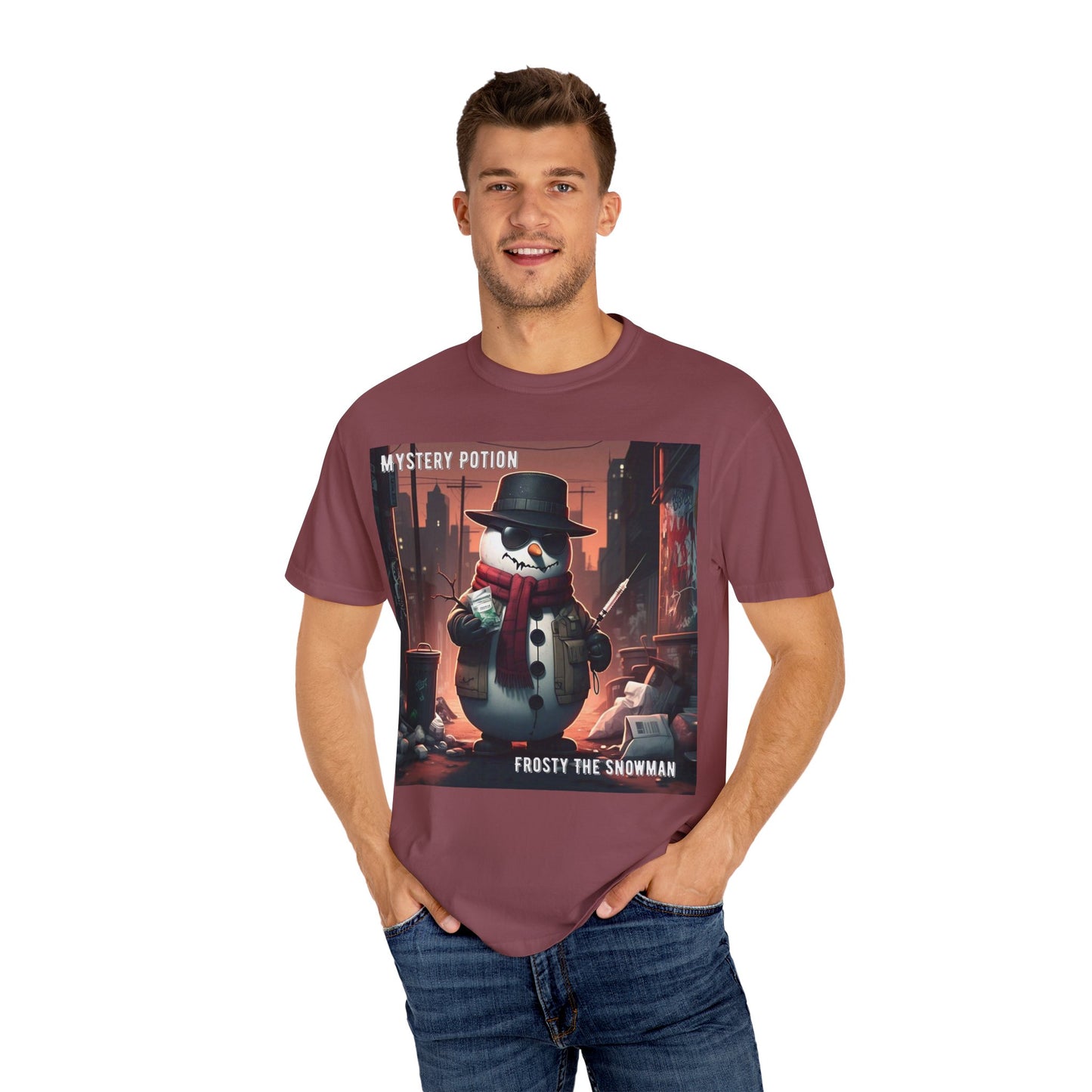 Frosty The Snowman by Mystery Potion, Parody T-Shirt | Unisex Holiday Tee, Winter Decoration, Gift for Christmas, Cozy Casual Style, Fun Snowman Design