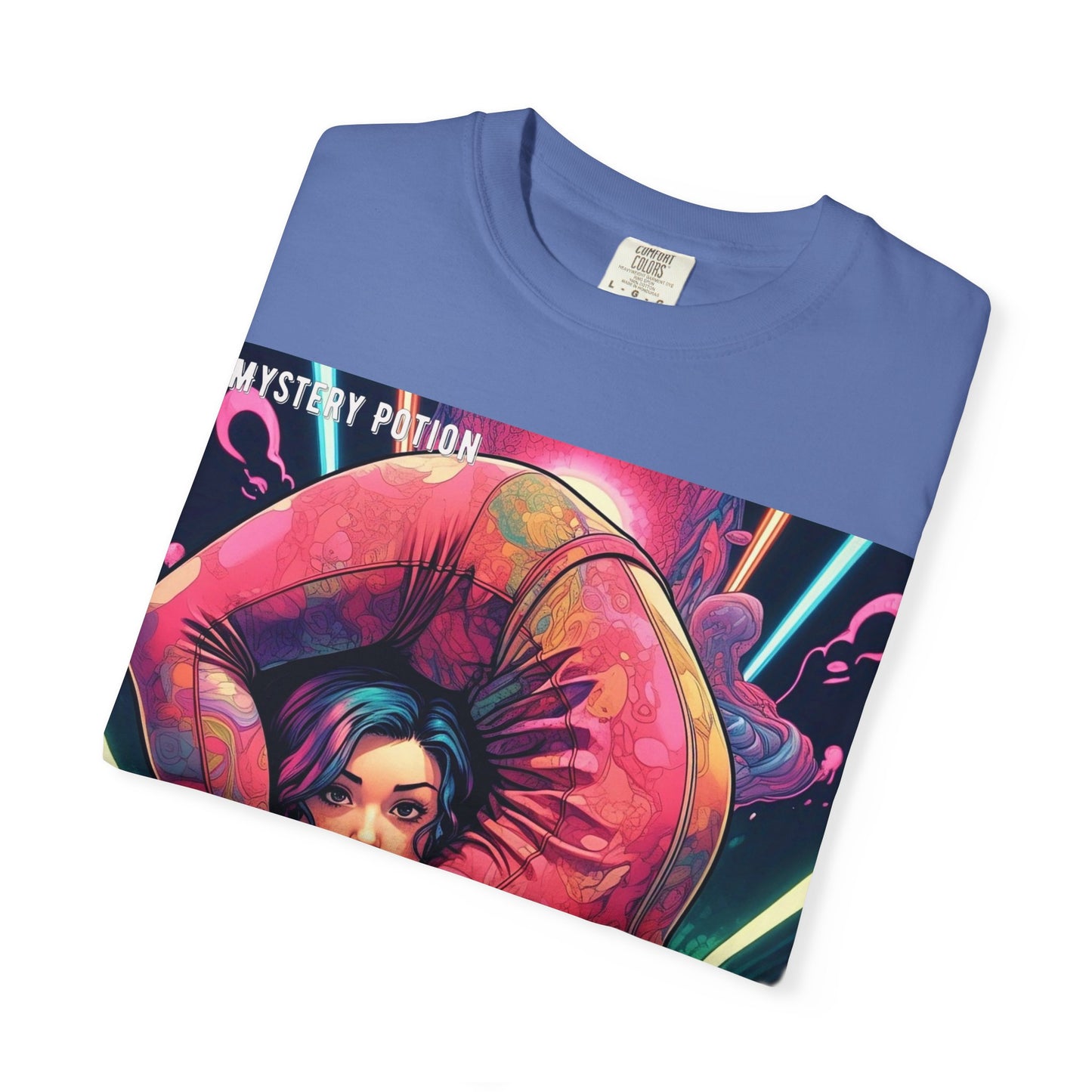 Mystery Potion Extreme Yoga Pose Unisex Garment-Dyed T-shirt, Artistic Tee, Vibrant Graphic Shirt, Unique Gift, Festival Wear, Comfortable Casual Top