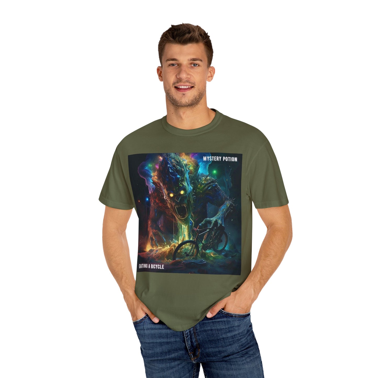 'Eating a Bicycle' by Mystery Potion, Unisex Garment-Dyed T-shirt, Monster Over City
