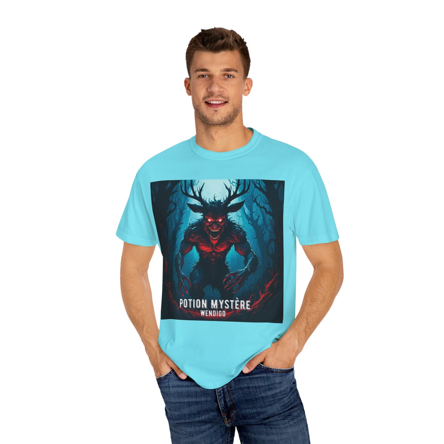 Mystical Wendigo T-Shirt, Unisex Garment-Dyed Tee, Potion Mystère Shirt, Halloween Apparel, Unique Graphic Tee