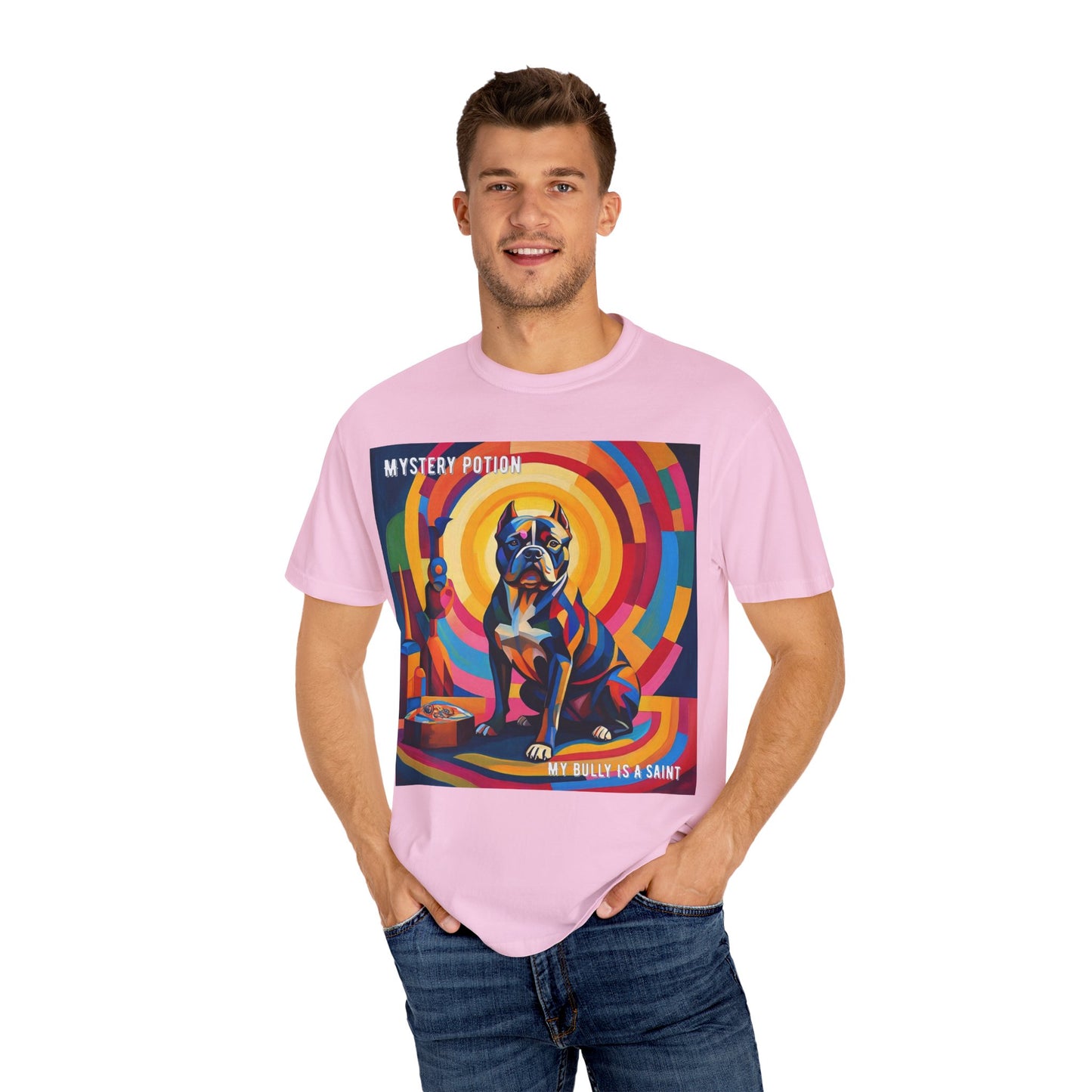 'My Bully Is A Saint' by Mystery Potion Colorful Dog Art T-shirt, Unisex Graphic Tee by Mystery Potion, Perfect for Pet Lovers, Comfy Casual Wear, Great Gift for Dog Lovers