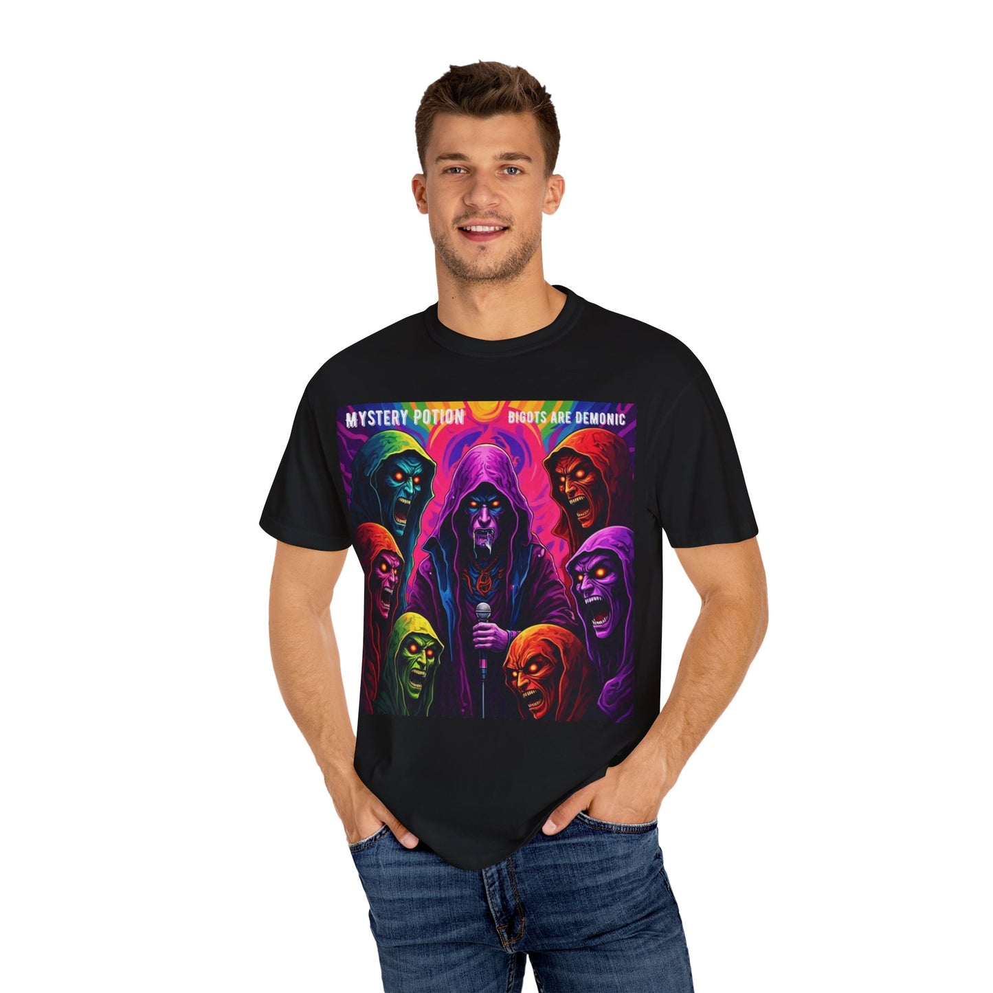 Mystery Potion Graphic Tee | Unisex Halloween T-shirt, Spooky Gift, "Bigots Are Demonic" Graphic Shirt, Witchy Apparel, Unique Casual Wear