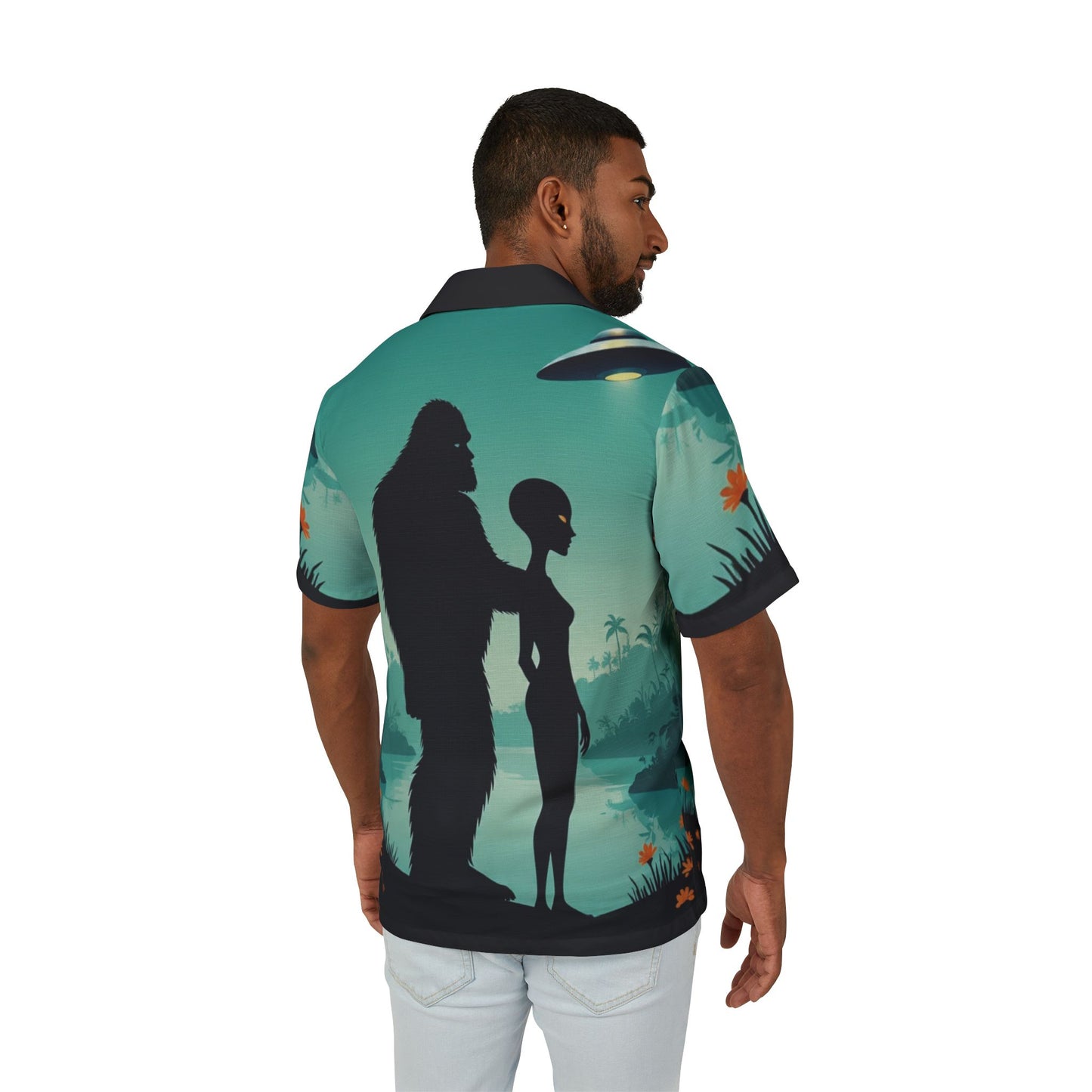Men's Alien Bigfoot Hawaiian Camp Shirt, Retro Vacation Style, Perfect for Beach Parties, Summer BBQs, Men's Summer Wear, Unique Gift Idea