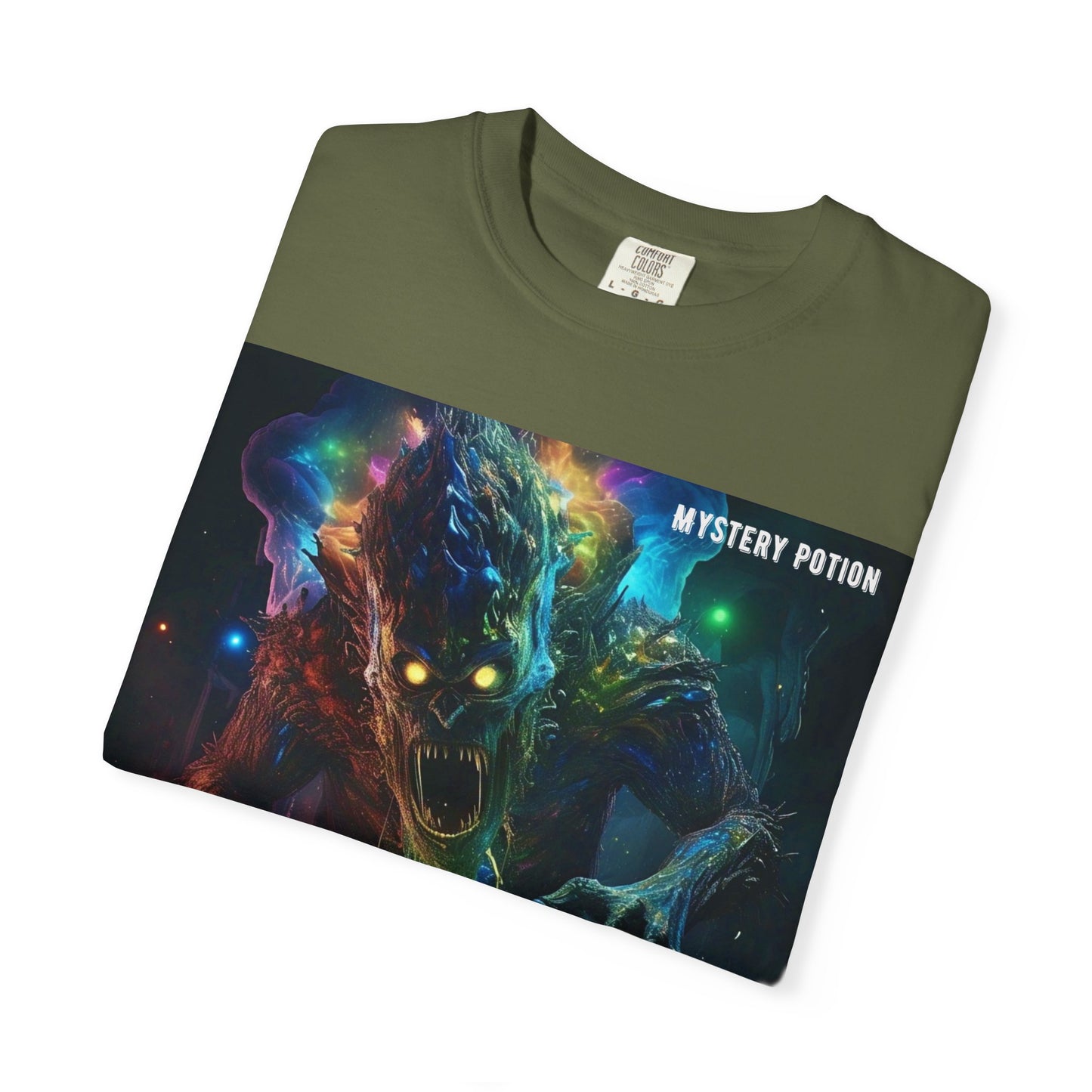 'Eating a Bicycle' by Mystery Potion, Unisex Garment-Dyed T-shirt, Monster Over City