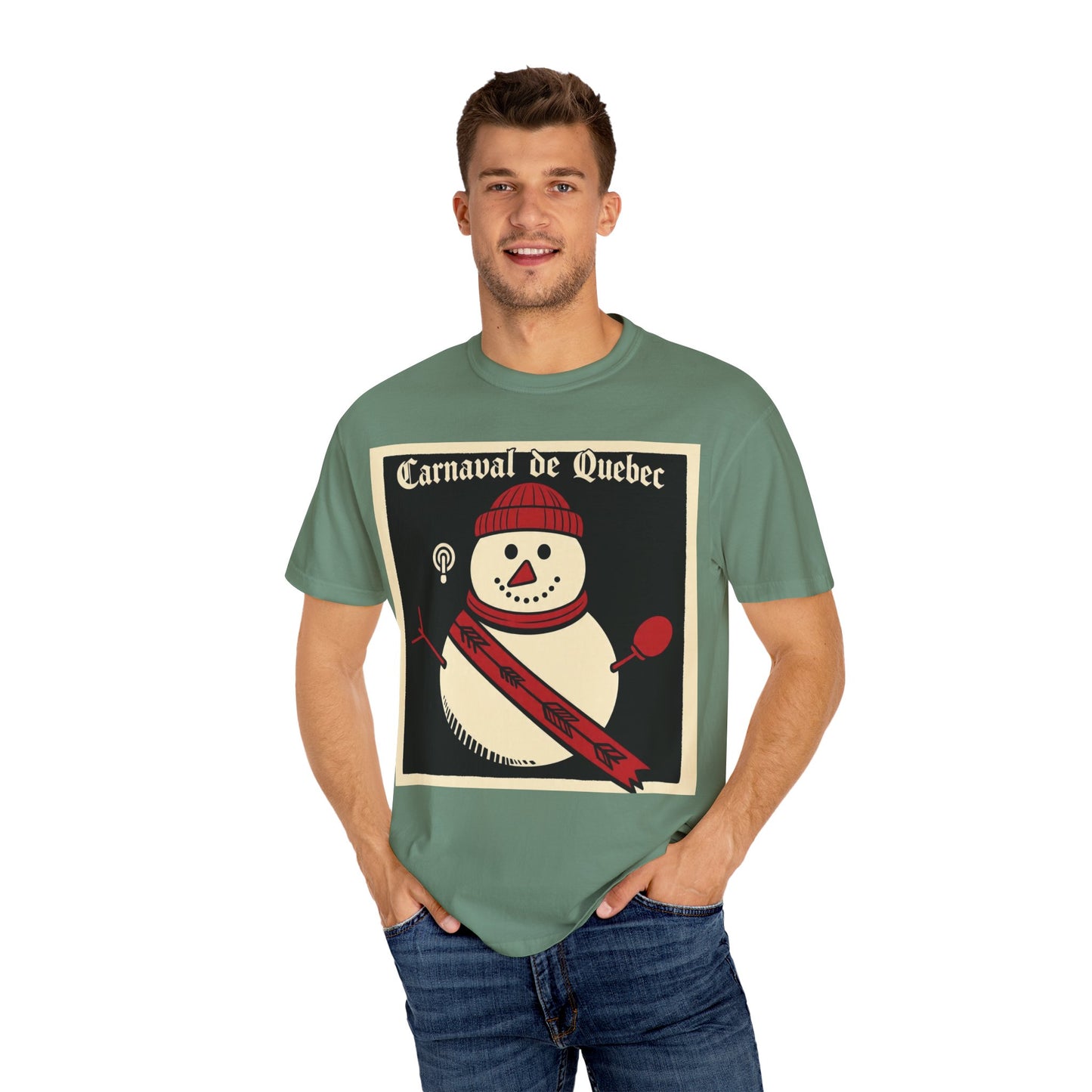 Quebec Carnaval Vintage Snowman Biker Lore Rocker T-Shirt, Cozy Winter Apparel, Unisex Snowman Graphic Tee, Festive Celebration Shirt, Winter Holiday Gift