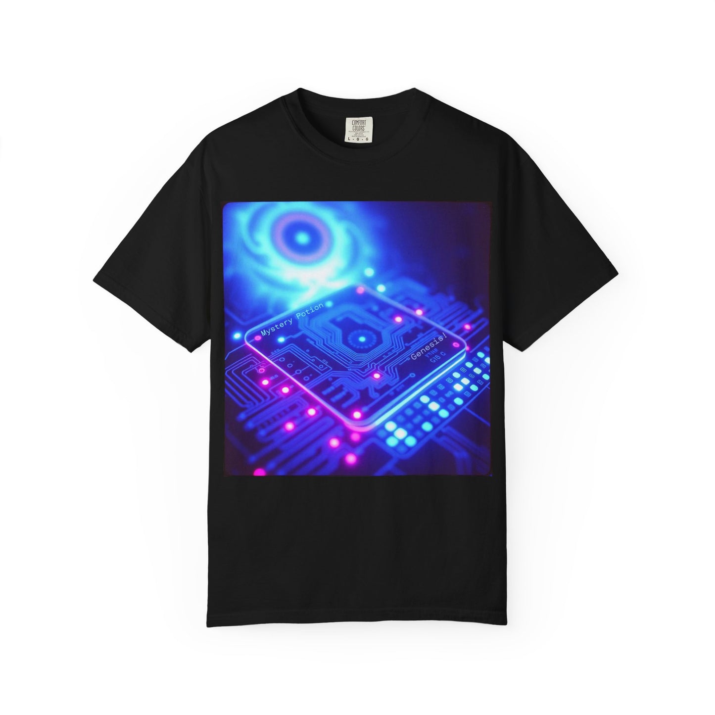 Genesis by Mystery Potion, Tech-Inspired Unisex Garment-Dyed T-Shirt, Unique Gift for Tech Lovers, Festival Wear, Casual Style, Gamer Apparel, Cyberpunk Vibe