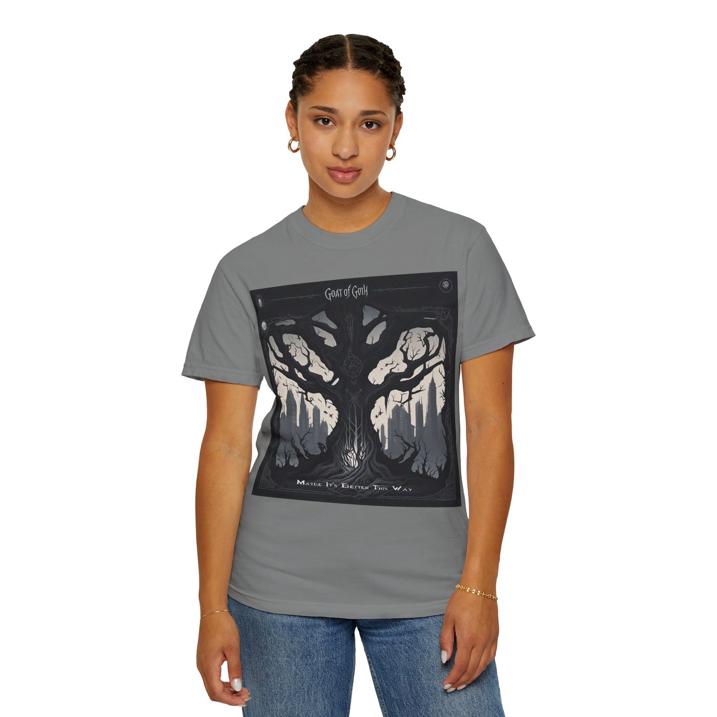 Gothic Tree T-Shirt, GOAT of Goth Unisex Cotton Tee for Nature Lovers, Unique Graphic Tee, Perfect for Festivals, Gift for Adventurers, Eco-Friendly Wear