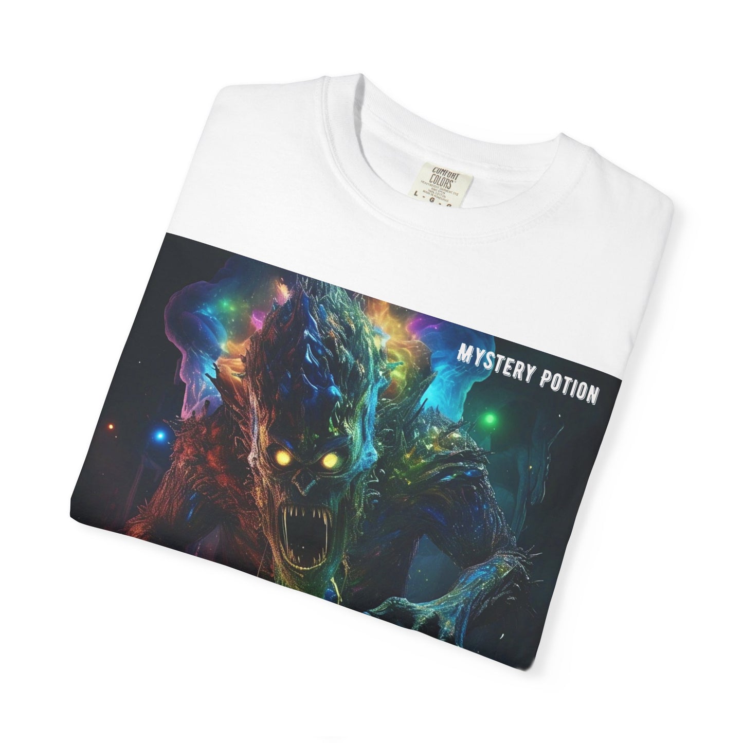 'Eating a Bicycle' by Mystery Potion, Unisex Garment-Dyed T-shirt, Monster Over City