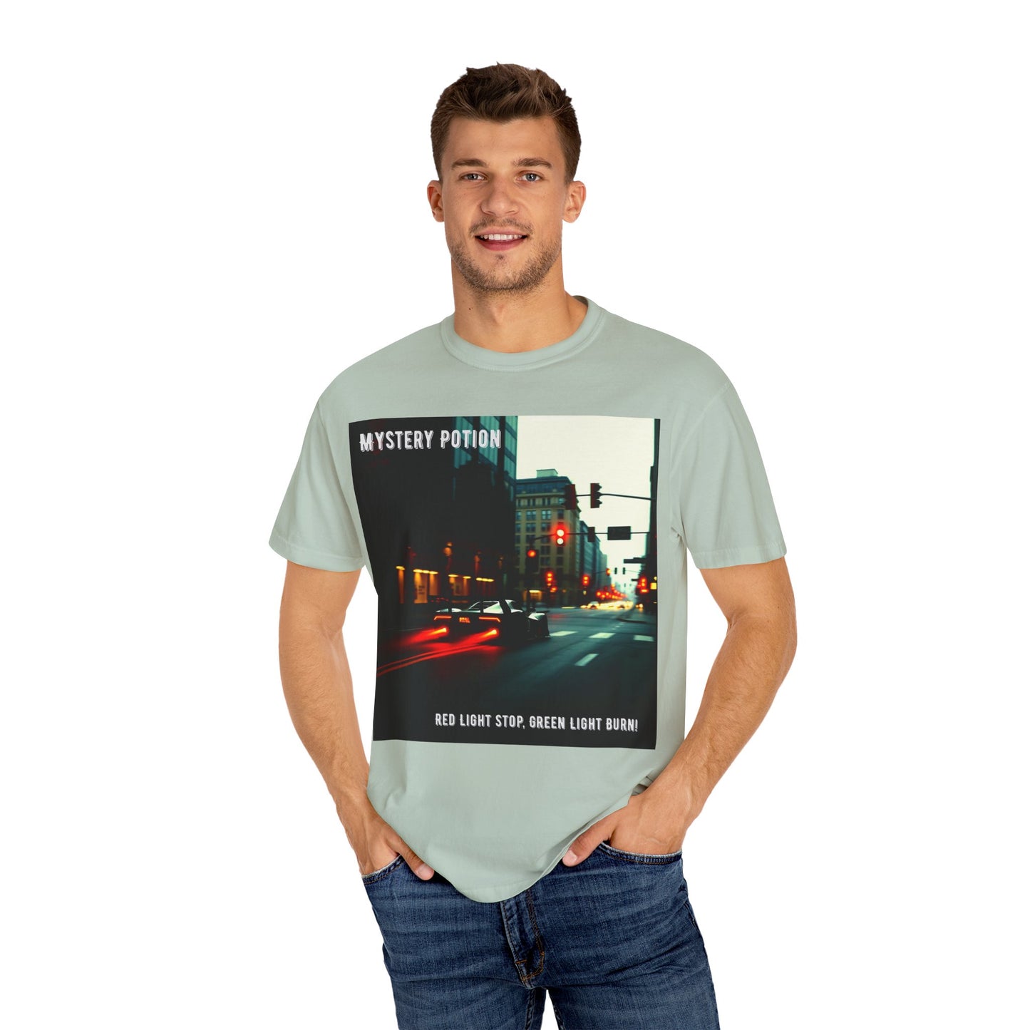 'Red Light Stop, Green Light Burn' by Mystery Potion Urban Vibe T-Shirt, Street Art T-Shirt, Fashion Tee, Gift for Art Lovers, Unisex Cotton Shirt, Unique Graphic Tee