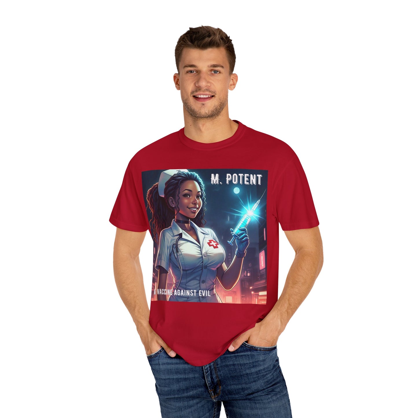 M. Potent's 'A Vaccine Against Evil', Medicine-Themed Unisex T-Shirt, Positive Vibes, Great for Nurses, Vaccination Awareness, Gift for Healthcare Workers