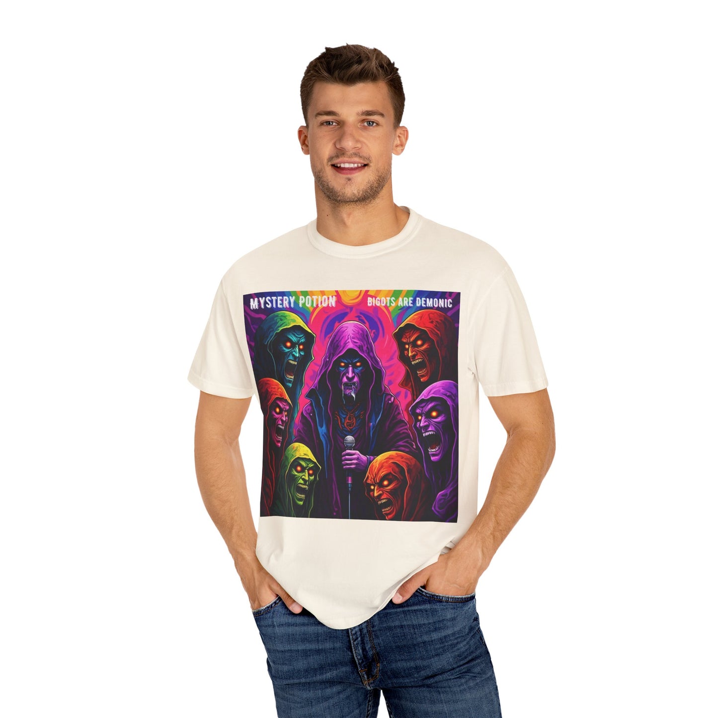 Mystery Potion Graphic Tee | Unisex Halloween T-shirt, Spooky Gift, "Bigots Are Demonic" Graphic Shirt, Witchy Apparel, Unique Casual Wear