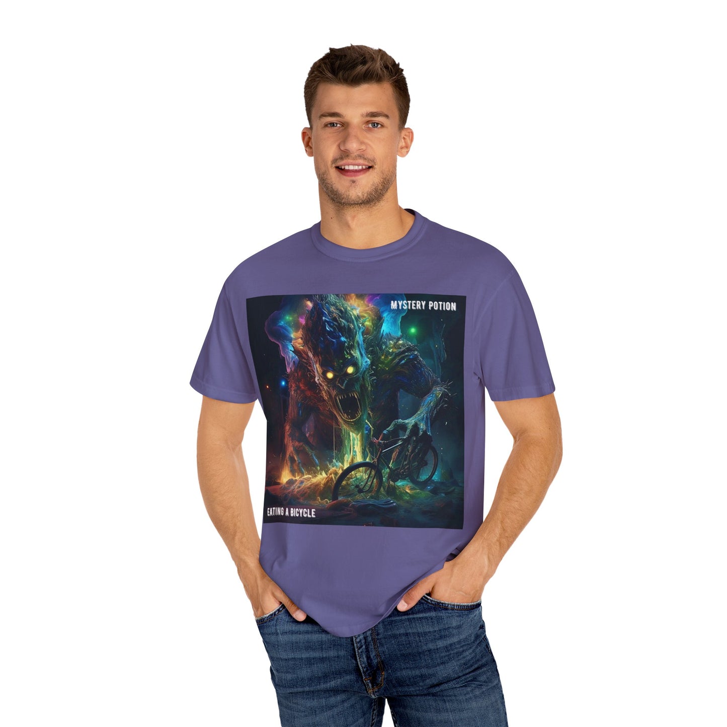 'Eating a Bicycle' by Mystery Potion, Unisex Garment-Dyed T-shirt, Monster Over City