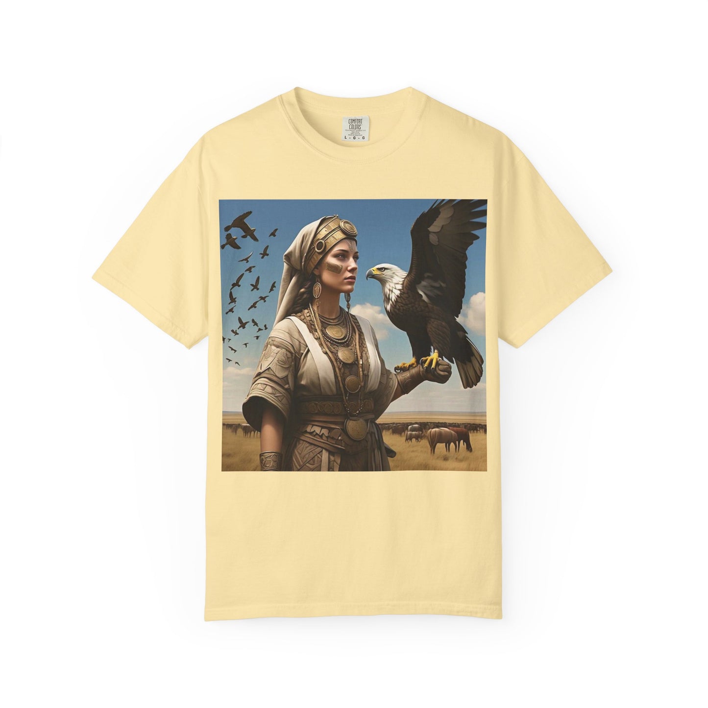 Empowered Eagle and Scythian Woman T-Shirt, Unisex Garment-Dyed Tee, Nature Lover Shirt, Gift for Bird Enthusiasts, Unique Graphic Tee