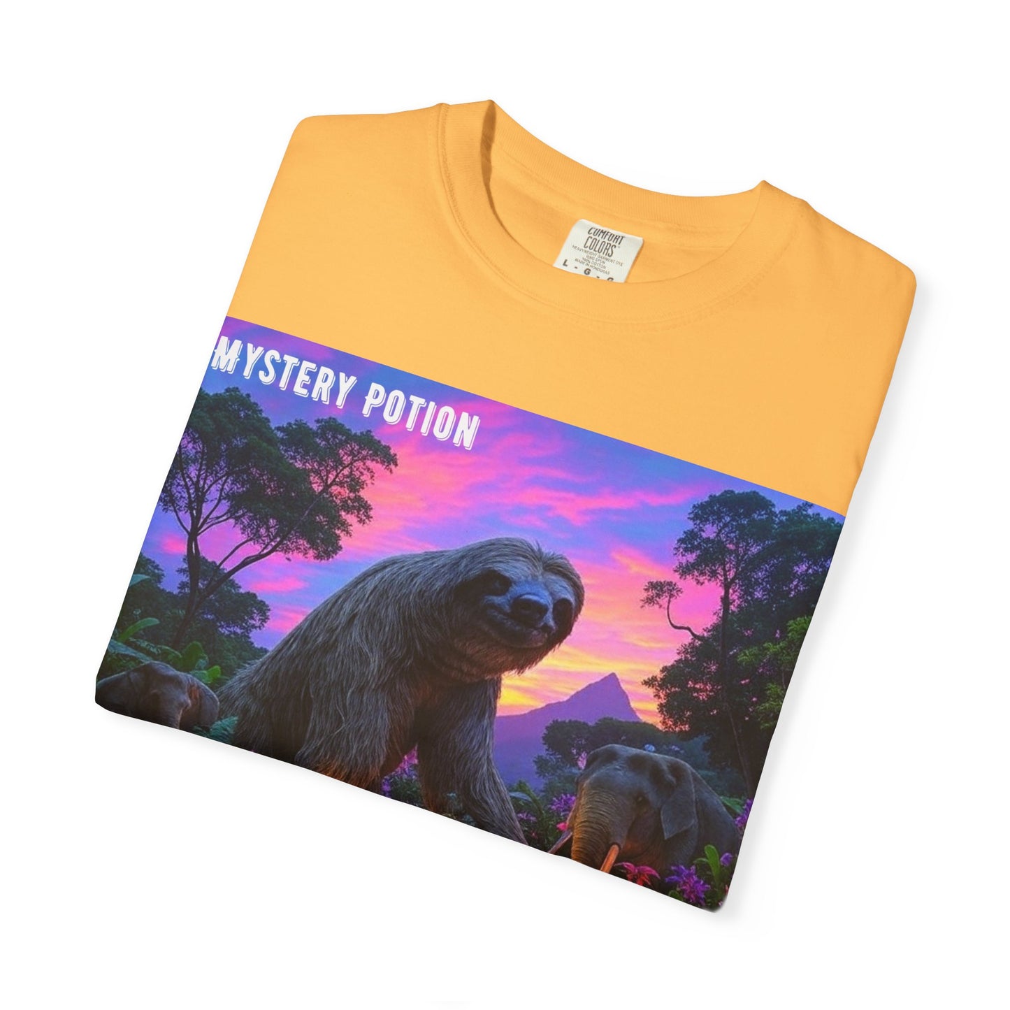 Mystery Potion's Giant Sloths and Mastodons Graphic T-Shirt | Unisex Garment-Dyed Tee for Nature Lovers, Unique Gift, Festival Wear, Prehistoric Design