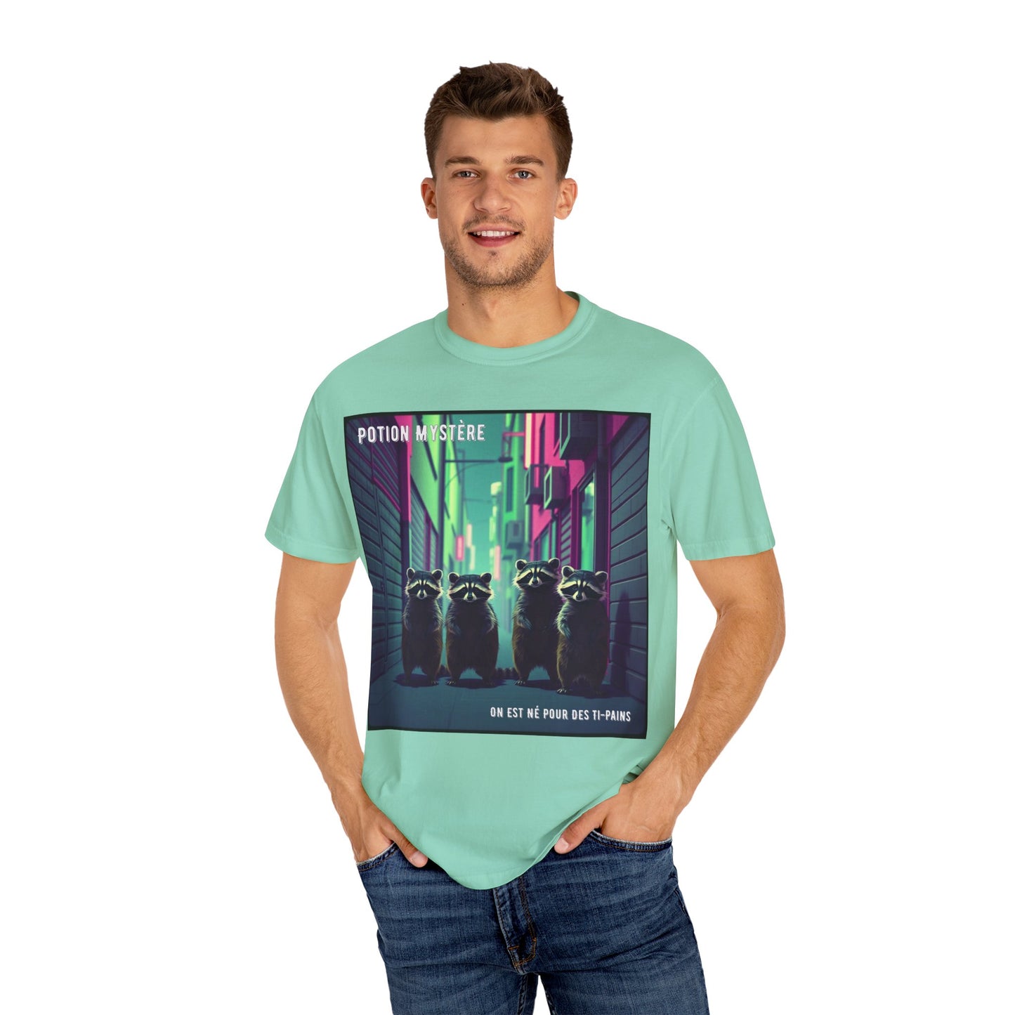 'On Est Né Pour Des Ti Pains' par Potion Mystère, Racoons Graphic Tee for Nature Lovers, Unisex Shirt for Pop Punk Song, Gift for Gamers, Casual Wear, Eco-Friendly Apparel
