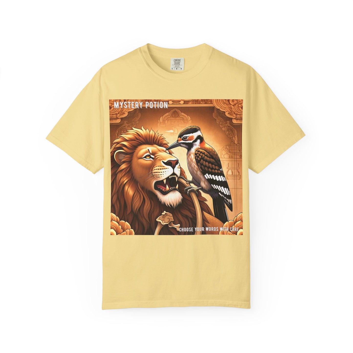 Mystical Lion & Bird T-Shirt | Unique Graphic Tee, Unisex Apparel, Gift for Nature Lovers, Bohemian Style, Festival Wear