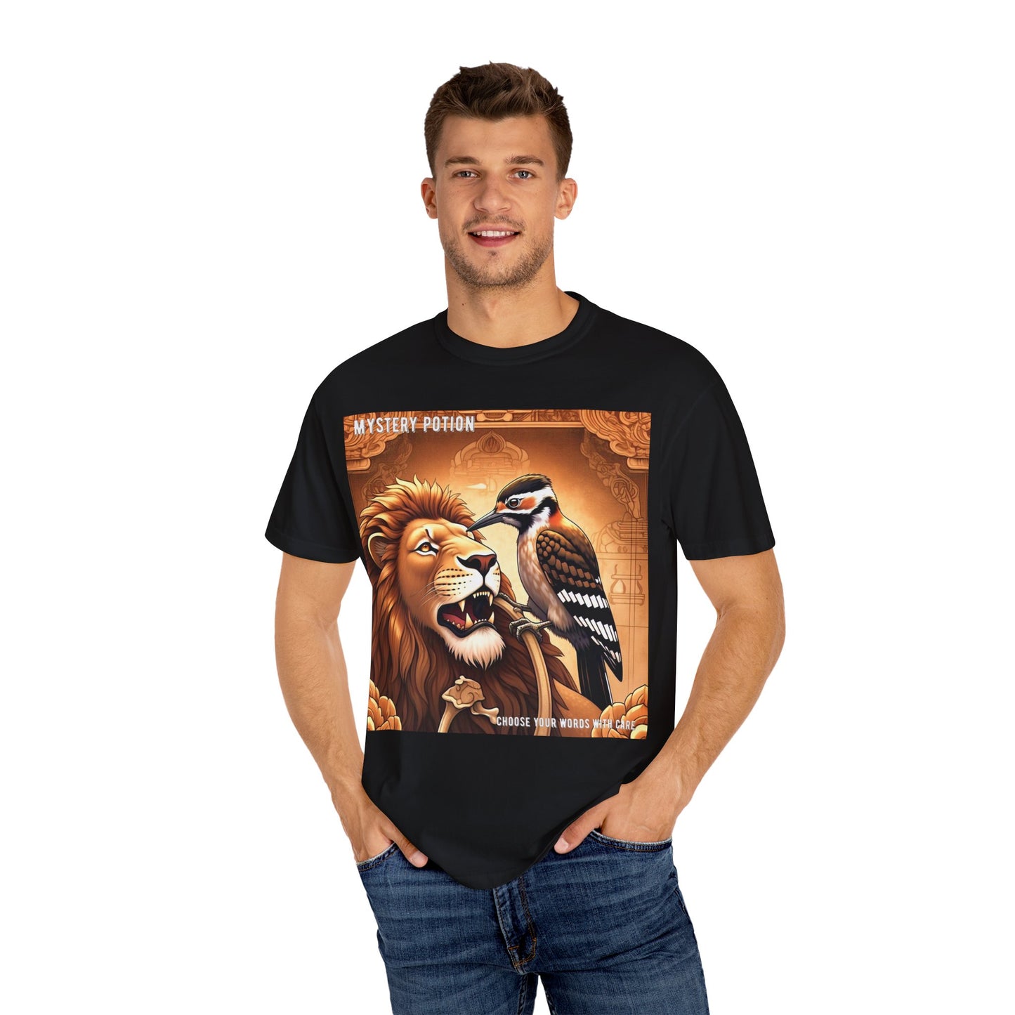 Mystical Lion & Bird T-Shirt | Unique Graphic Tee, Unisex Apparel, Gift for Nature Lovers, Bohemian Style, Festival Wear