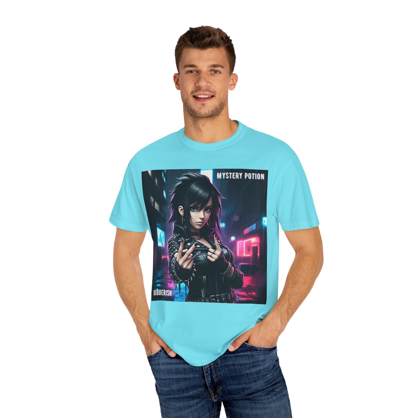 'Gibberish' by Mystery Potion, Cyberpunk Manga Graphic T-Shirt, Edgy Streetwear, Unisex Tee, Vintage Look, Gaming Style, Art Lover Gift