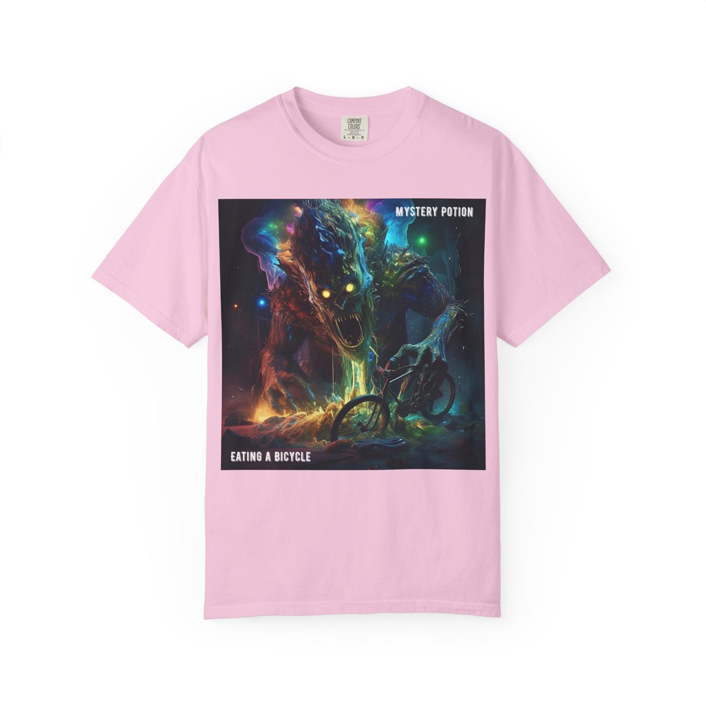 'Eating a Bicycle' by Mystery Potion, Unisex Garment-Dyed T-shirt, Monster Over City
