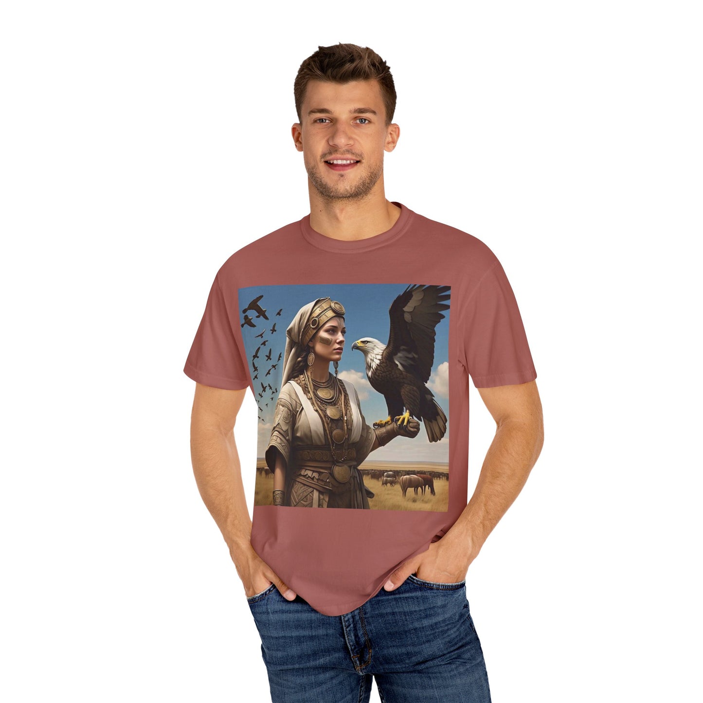 Empowered Eagle and Scythian Woman T-Shirt, Unisex Garment-Dyed Tee, Nature Lover Shirt, Gift for Bird Enthusiasts, Unique Graphic Tee