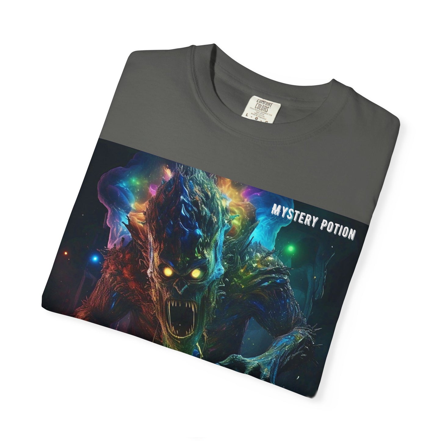 'Eating a Bicycle' by Mystery Potion, Unisex Garment-Dyed T-shirt, Monster Over City