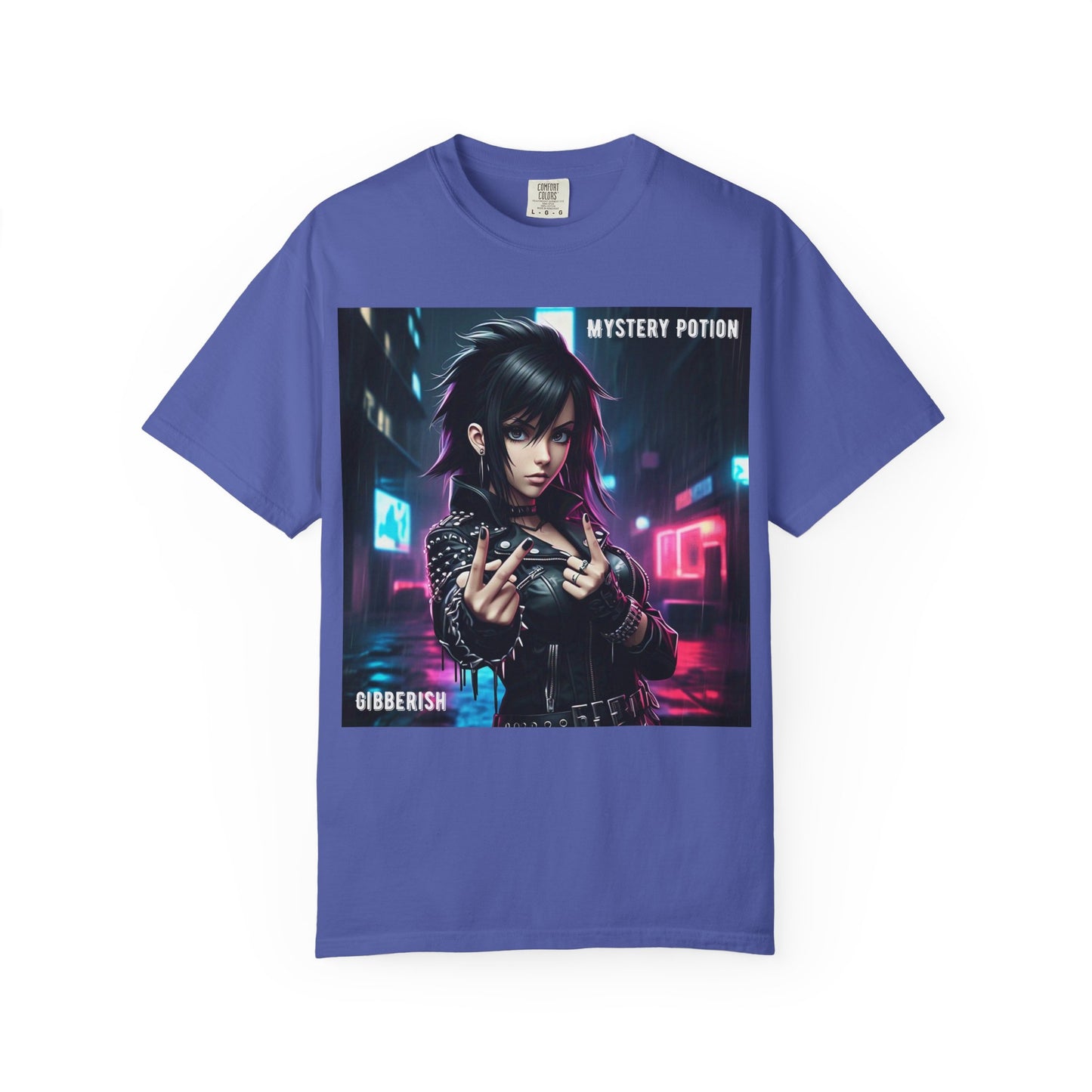 'Gibberish' by Mystery Potion, Cyberpunk Manga Graphic T-Shirt, Edgy Streetwear, Unisex Tee, Vintage Look, Gaming Style, Art Lover Gift