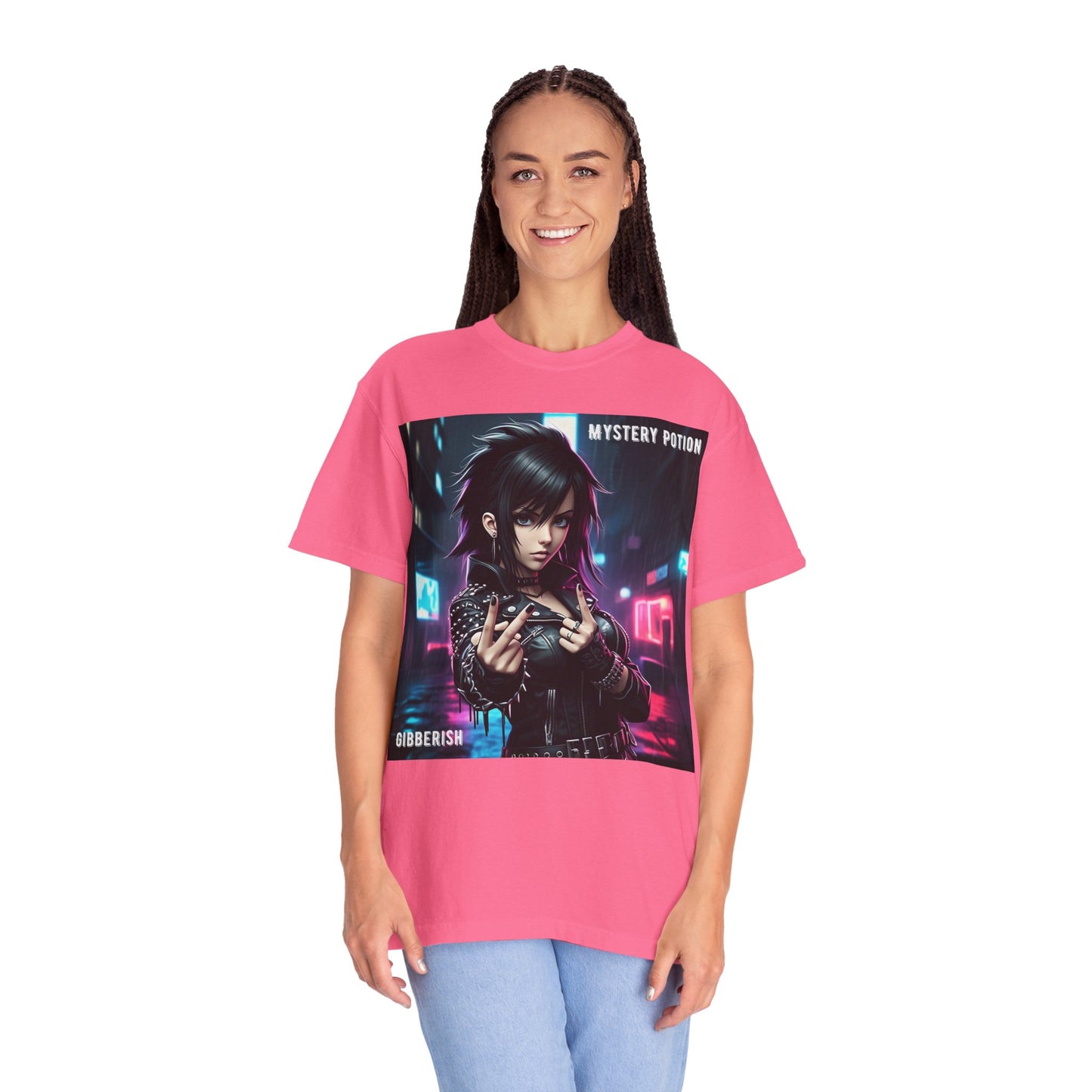 'Gibberish' by Mystery Potion, Cyberpunk Manga Graphic T-Shirt, Edgy Streetwear, Unisex Tee, Vintage Look, Gaming Style, Art Lover Gift