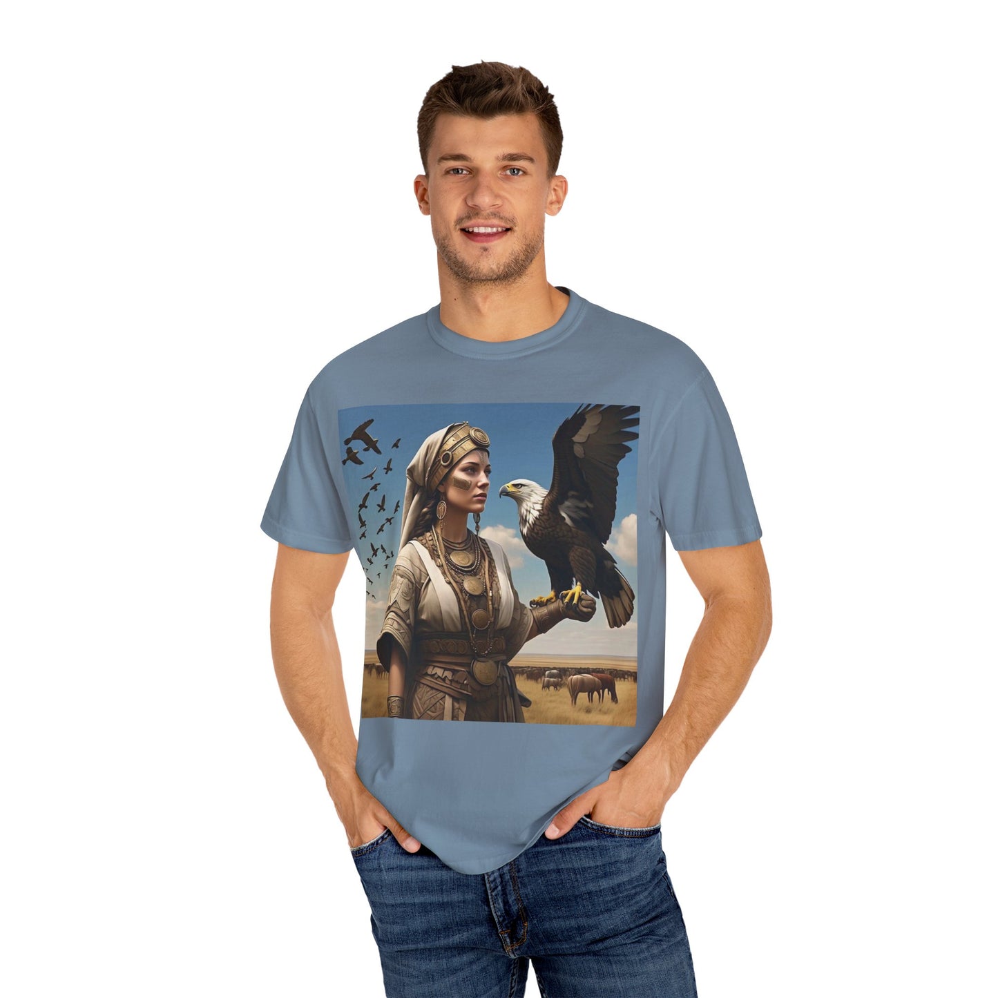 Empowered Eagle and Scythian Woman T-Shirt, Unisex Garment-Dyed Tee, Nature Lover Shirt, Gift for Bird Enthusiasts, Unique Graphic Tee