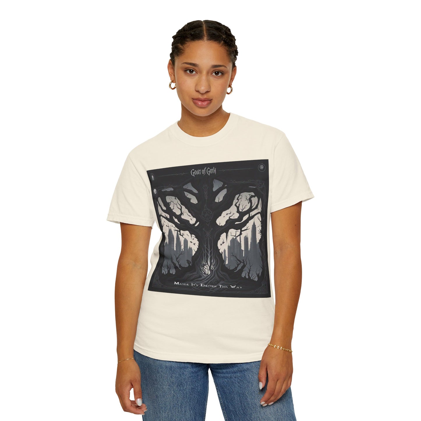 Gothic Tree T-Shirt, GOAT of Goth Unisex Cotton Tee for Nature Lovers, Unique Graphic Tee, Perfect for Festivals, Gift for Adventurers, Eco-Friendly Wear