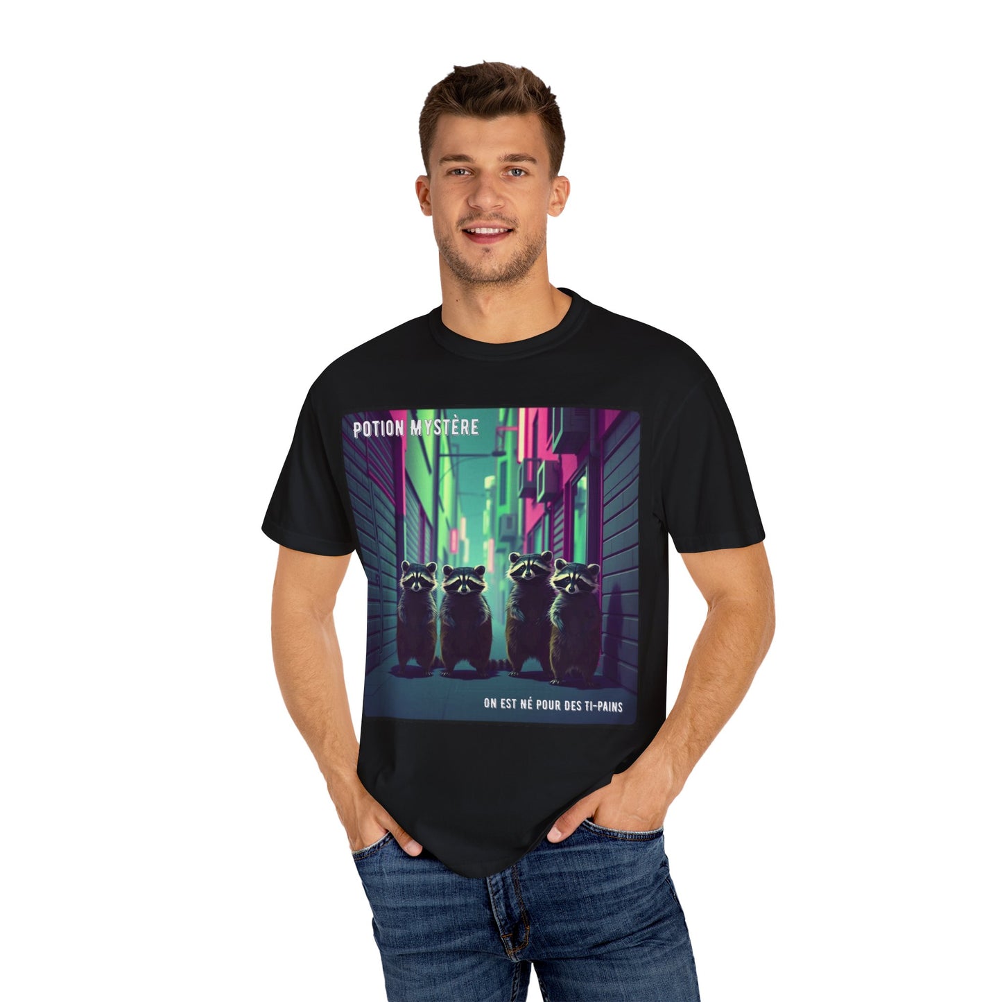 'On Est Né Pour Des Ti Pains' par Potion Mystère, Racoons Graphic Tee for Nature Lovers, Unisex Shirt for Pop Punk Song, Gift for Gamers, Casual Wear, Eco-Friendly Apparel