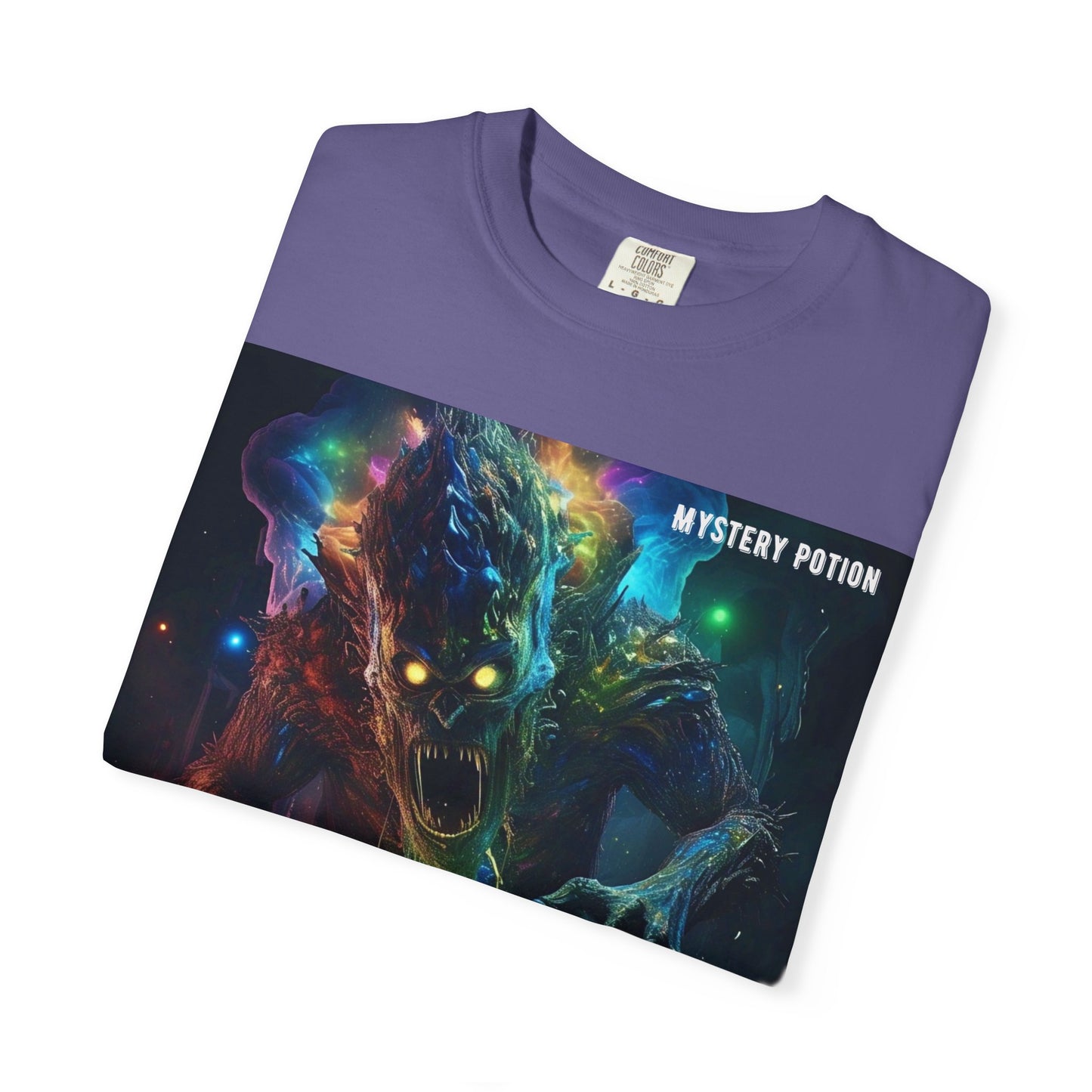 'Eating a Bicycle' by Mystery Potion, Unisex Garment-Dyed T-shirt, Monster Over City