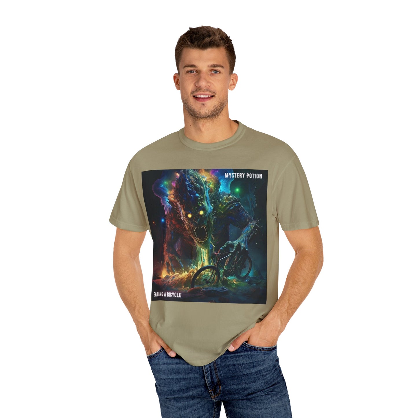 'Eating a Bicycle' by Mystery Potion, Unisex Garment-Dyed T-shirt, Monster Over City