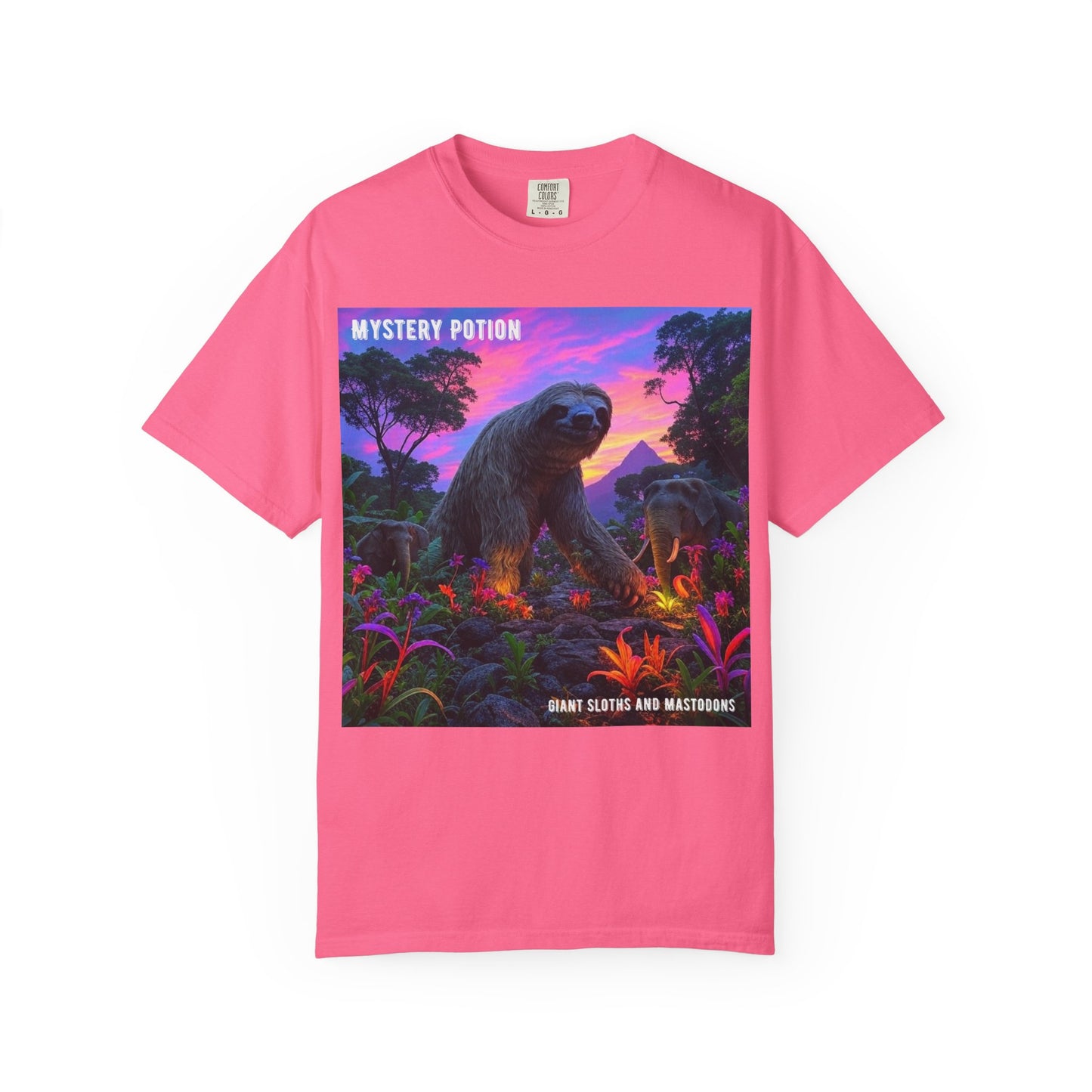 Mystery Potion's Giant Sloths and Mastodons Graphic T-Shirt | Unisex Garment-Dyed Tee for Nature Lovers, Unique Gift, Festival Wear, Prehistoric Design