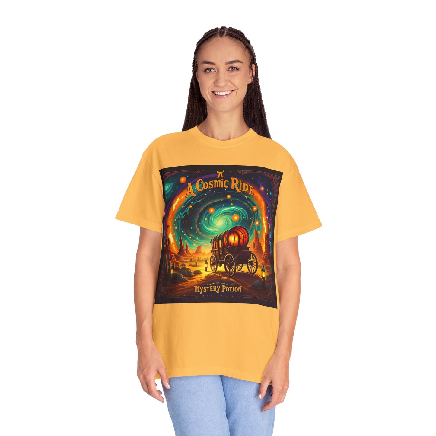 A Cosmic Ride by Mystery Potion T-Shirt, Unisex Graphic Tee, Country Western Festival Wear, Bohemian Style, Gift for Dreamers, Mystical Art Shirt