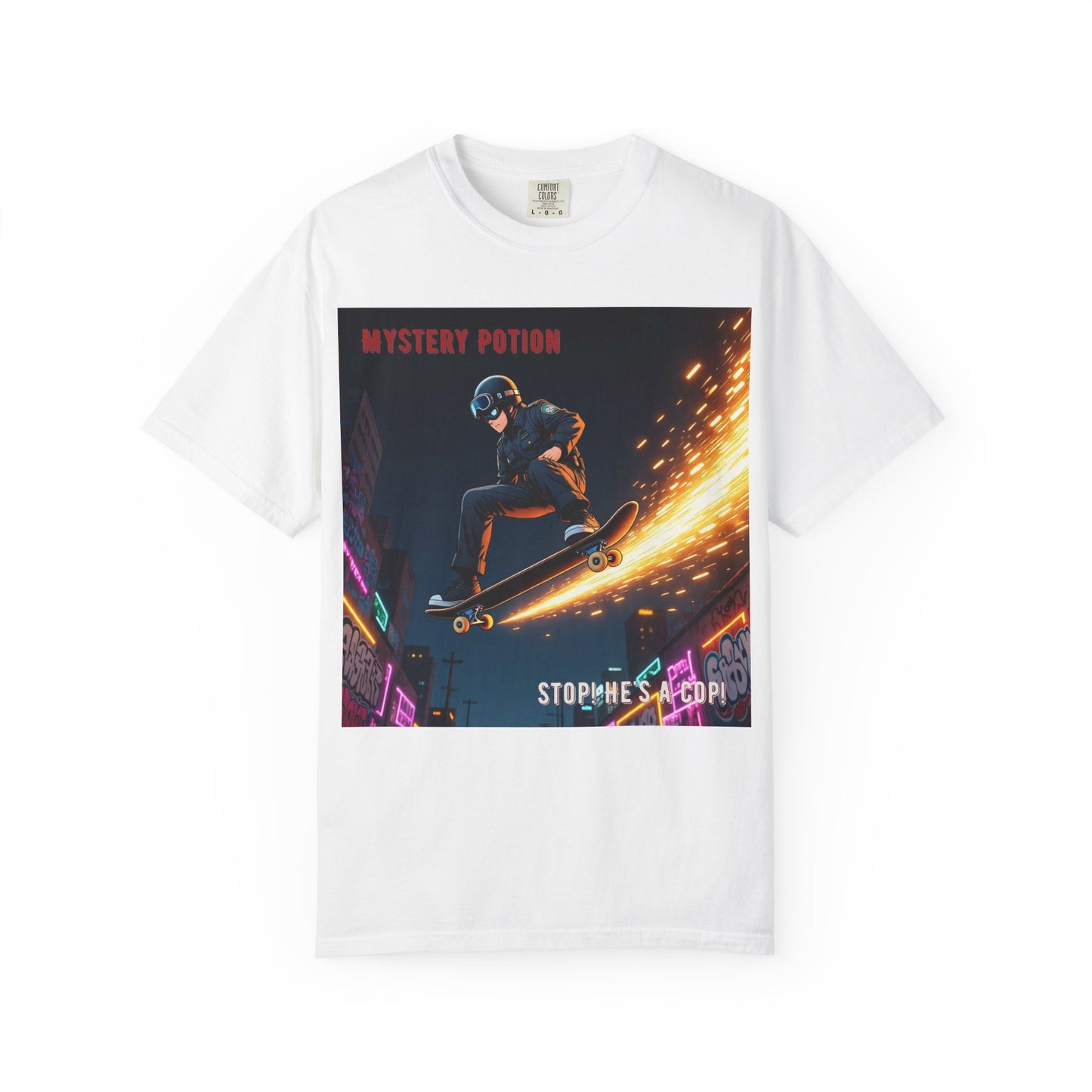 'Stop! He's A Cop!' by Mystery Potion, Skateboard Hardcore Punk T-shirt, Cozy Graphic Tee, Perfect Gift for Skaters, Unisex Streetwear Shirt, Trendy Casual Wear
