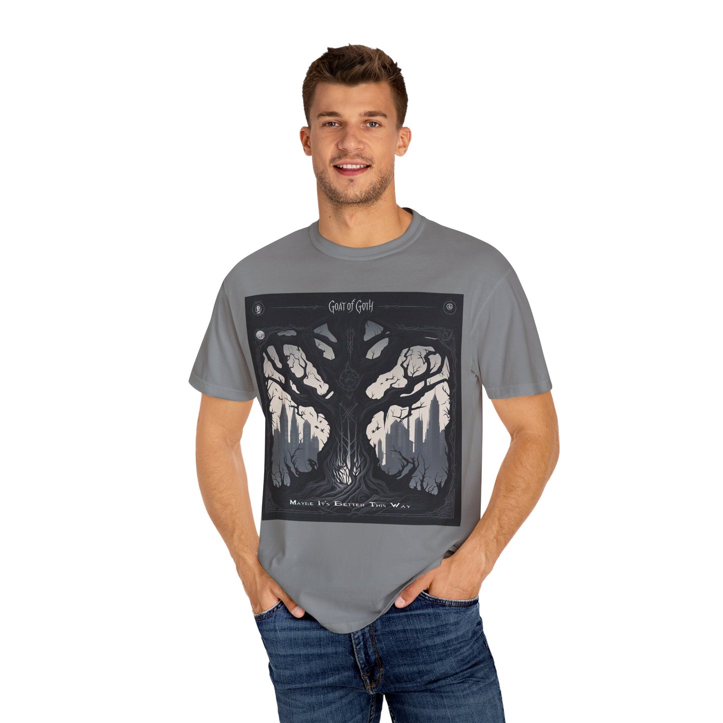 Gothic Tree T-Shirt, GOAT of Goth Unisex Cotton Tee for Nature Lovers, Unique Graphic Tee, Perfect for Festivals, Gift for Adventurers, Eco-Friendly Wear