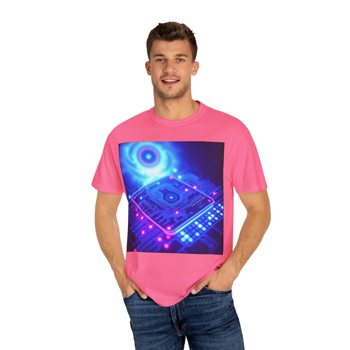 Genesis by Mystery Potion, Tech-Inspired Unisex Garment-Dyed T-Shirt, Unique Gift for Tech Lovers, Festival Wear, Casual Style, Gamer Apparel, Cyberpunk Vibe