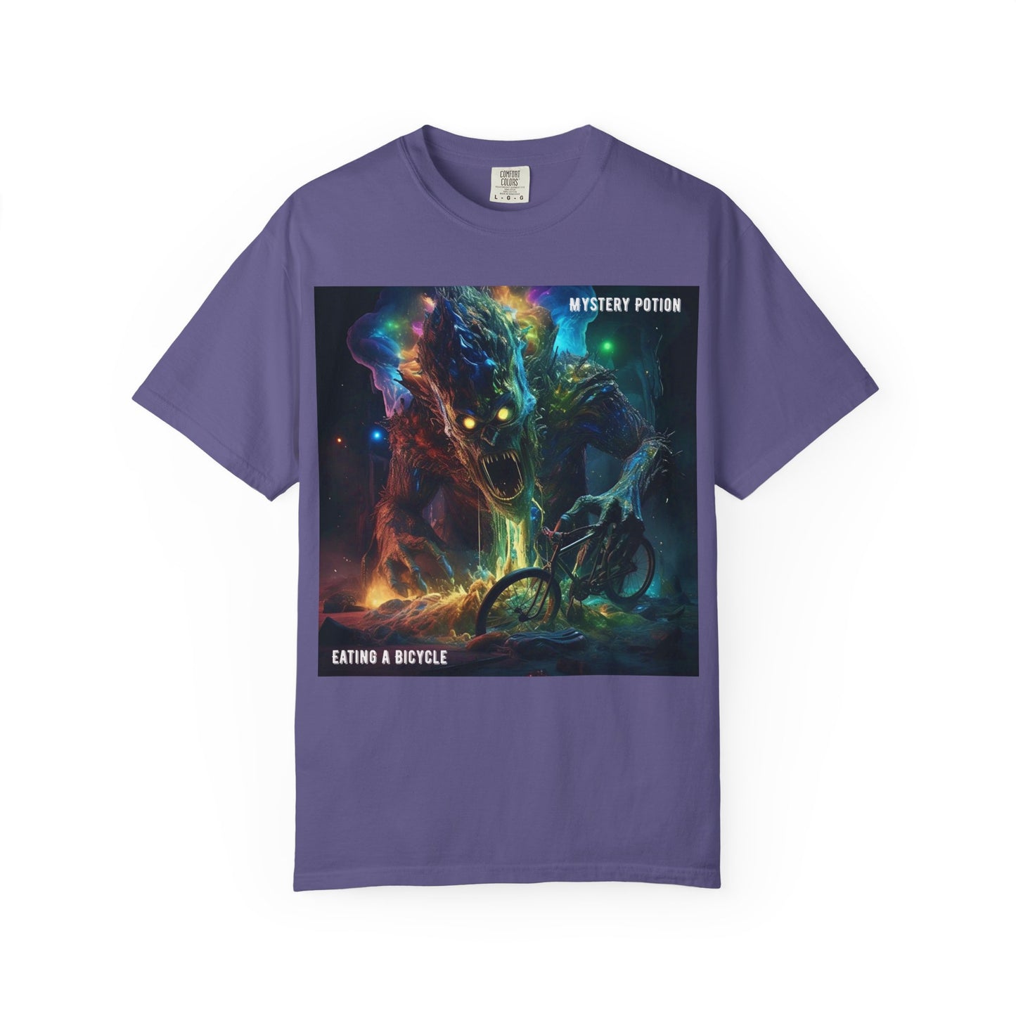 'Eating a Bicycle' by Mystery Potion, Unisex Garment-Dyed T-shirt, Monster Over City