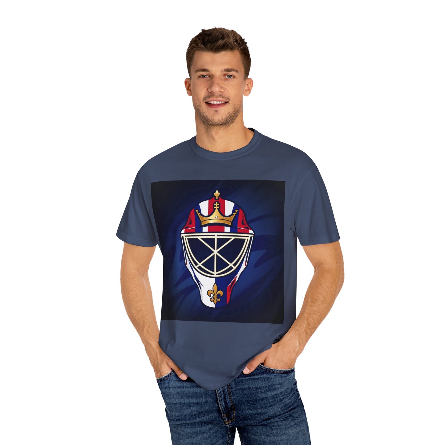 Regal Crown Goalie Mask Graphic T-shirt, Unisex Fashion Tee, Red, White and Blue Casual Wear, Gift for Her/Him, Summer Style, Graphic Apparel, Streetwear