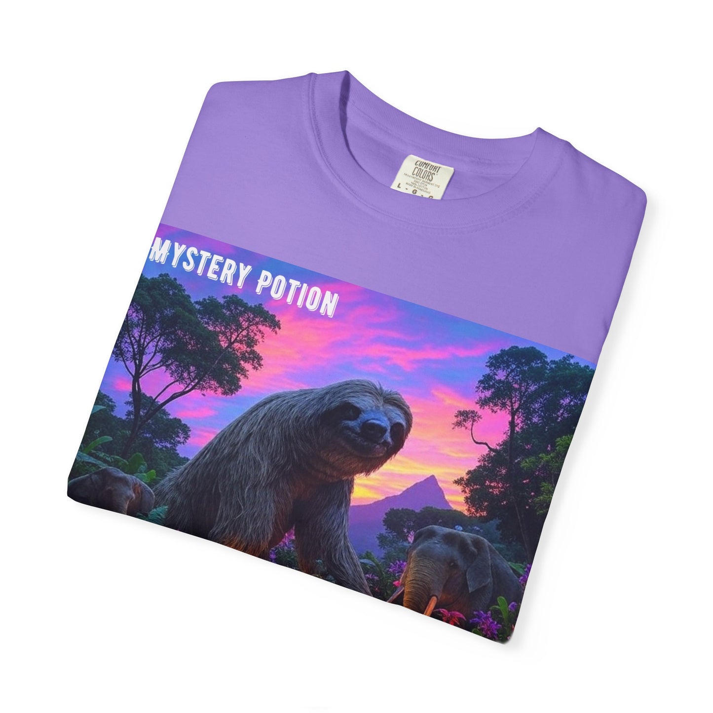 Mystery Potion's Giant Sloths and Mastodons Graphic T-Shirt | Unisex Garment-Dyed Tee for Nature Lovers, Unique Gift, Festival Wear, Prehistoric Design