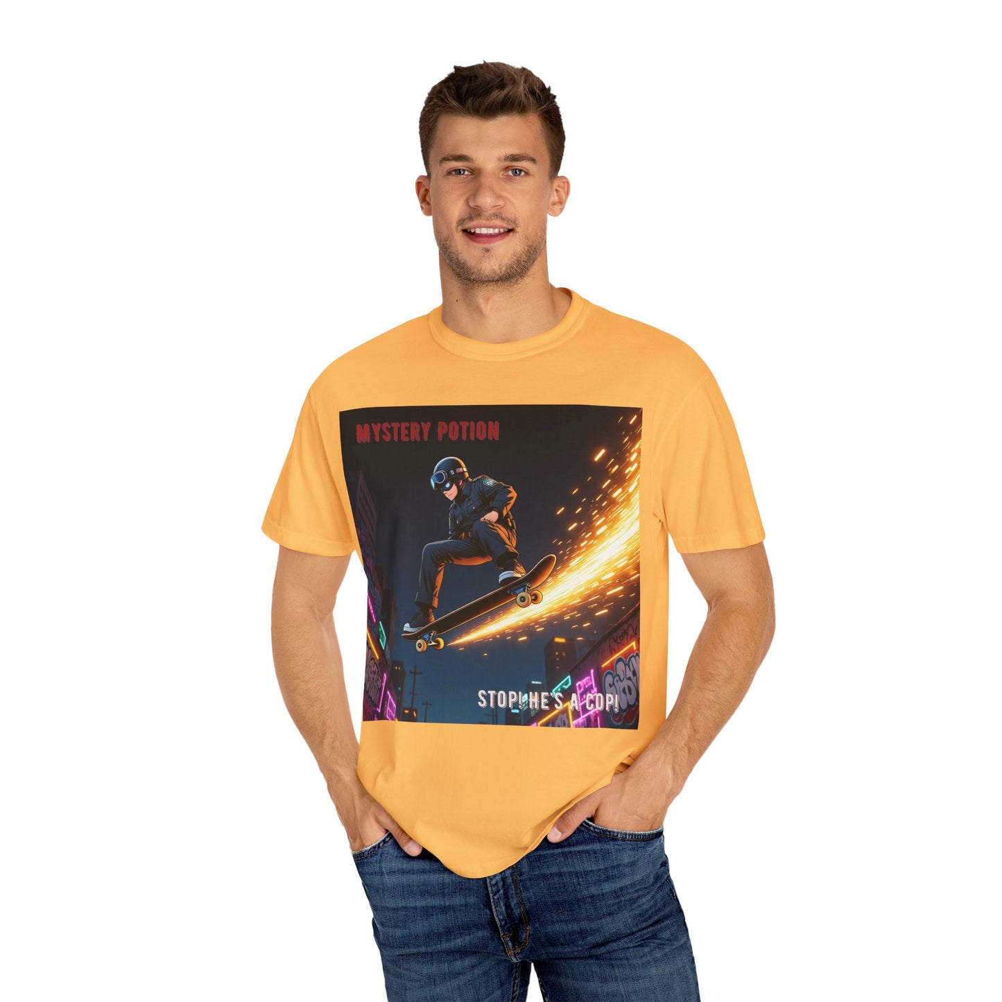 'Stop! He's A Cop!' by Mystery Potion, Skateboard Hardcore Punk T-shirt, Cozy Graphic Tee, Perfect Gift for Skaters, Unisex Streetwear Shirt, Trendy Casual Wear