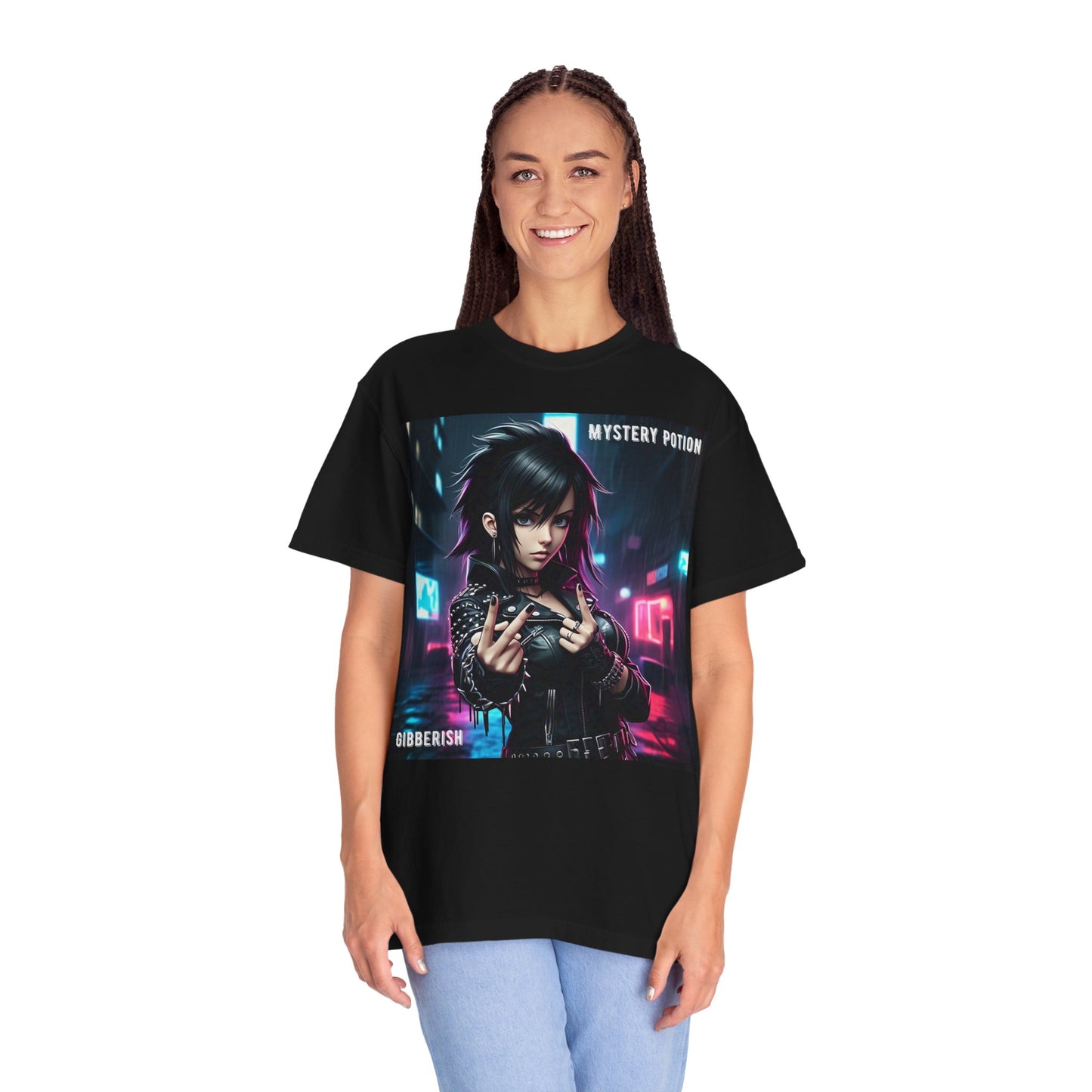 'Gibberish' by Mystery Potion, Cyberpunk Manga Graphic T-Shirt, Edgy Streetwear, Unisex Tee, Vintage Look, Gaming Style, Art Lover Gift