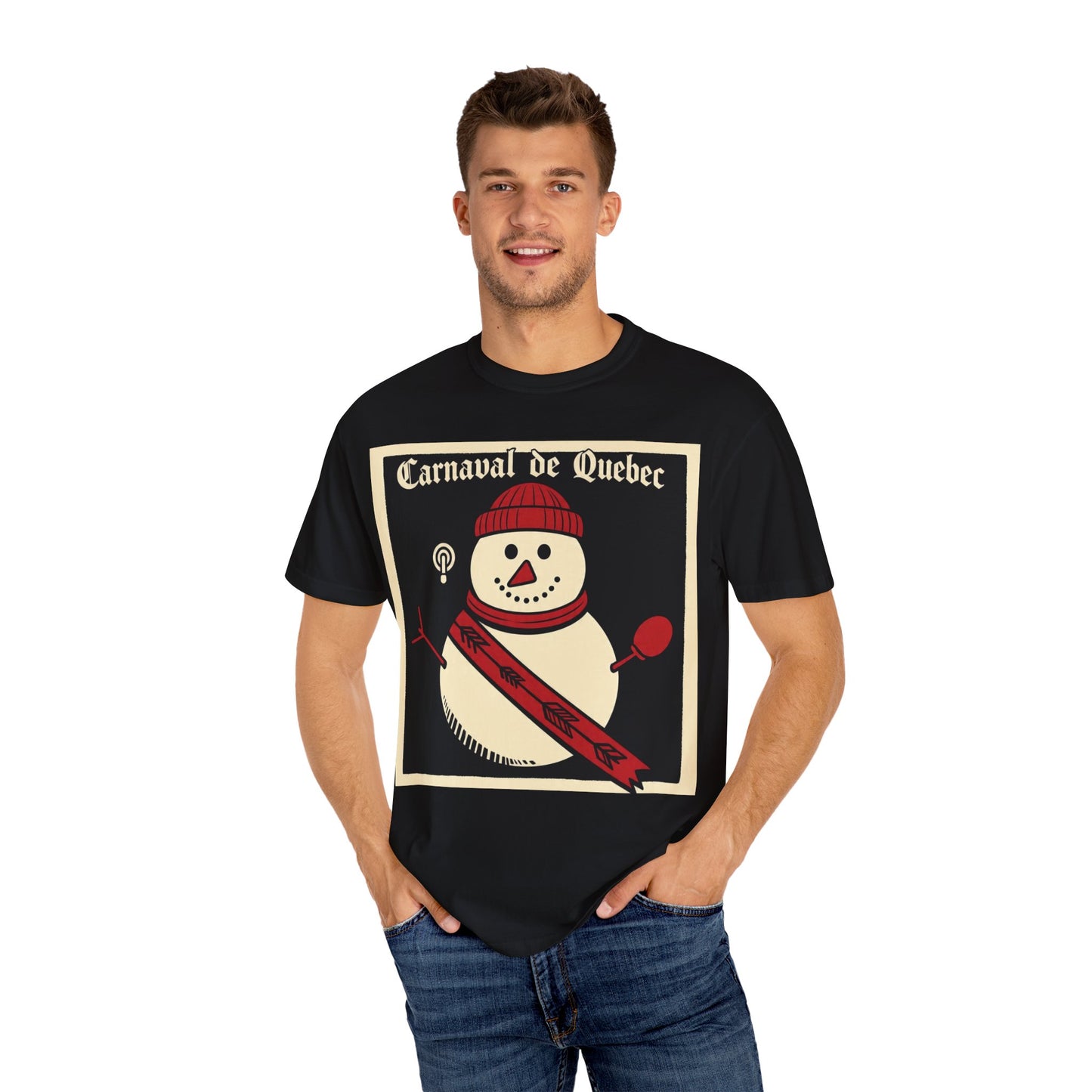 Quebec Carnaval Vintage Snowman Biker Lore Rocker T-Shirt, Cozy Winter Apparel, Unisex Snowman Graphic Tee, Festive Celebration Shirt, Winter Holiday Gift